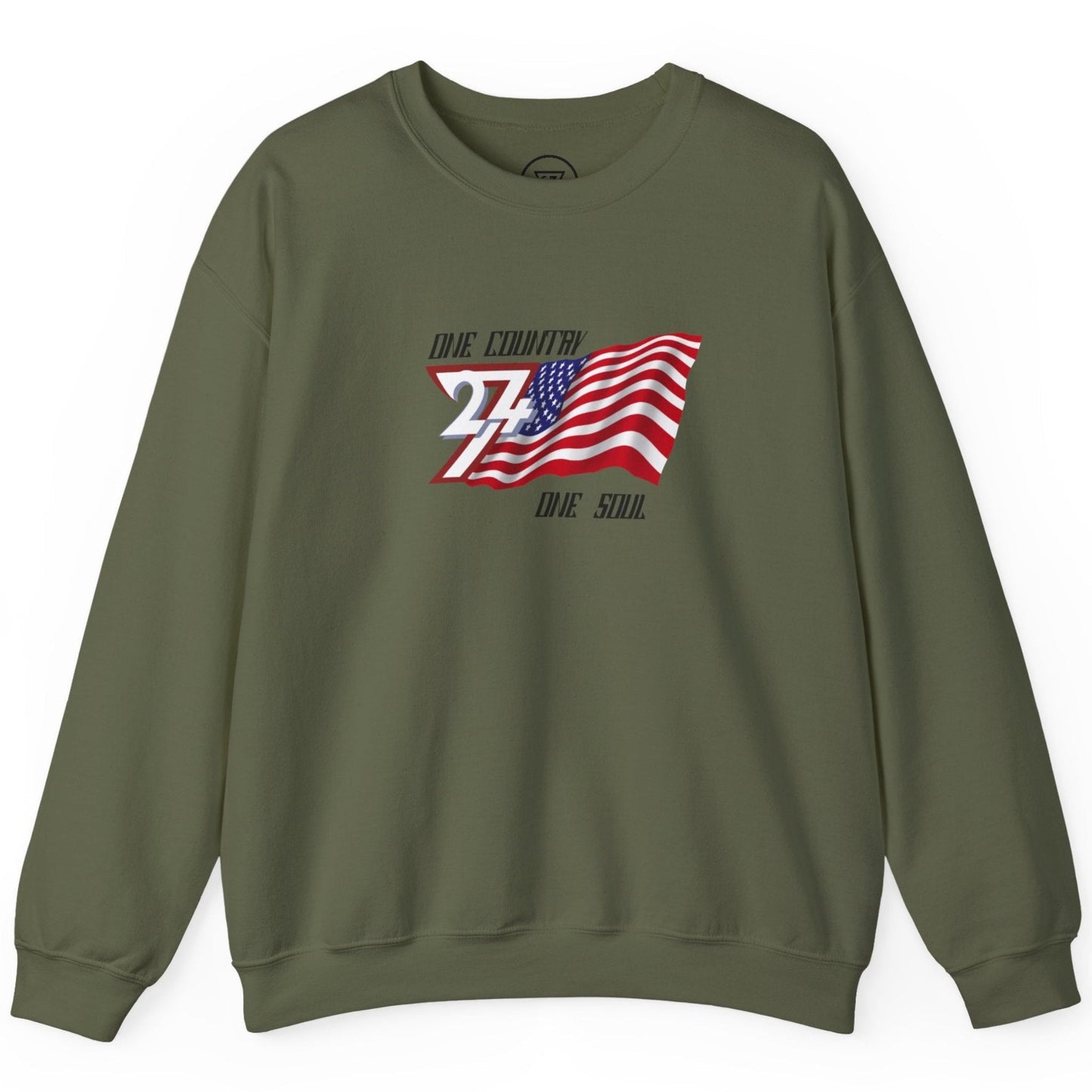 Military green American flag patriot sweatshirt featuring the original graphic art, shown on a clean background.