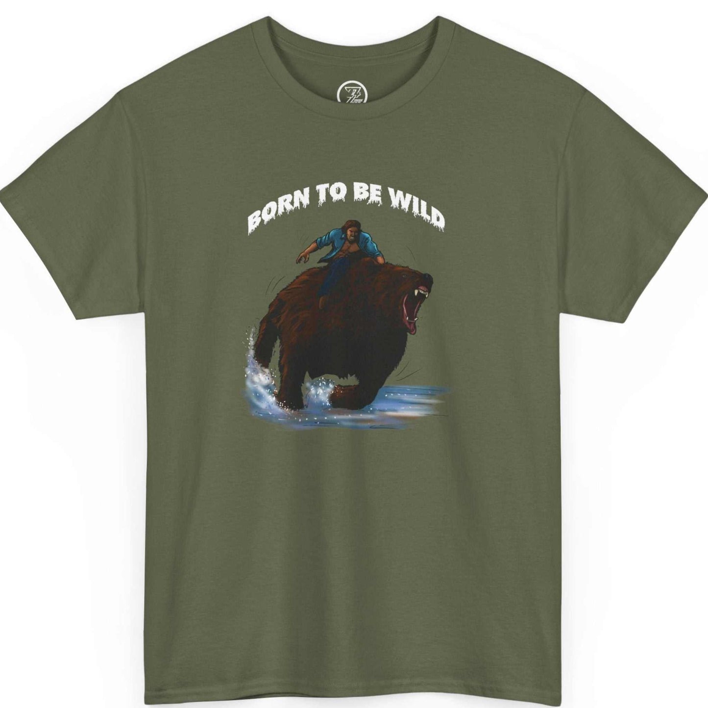Front view of a military green Born to Be Wild bear graphic tee
