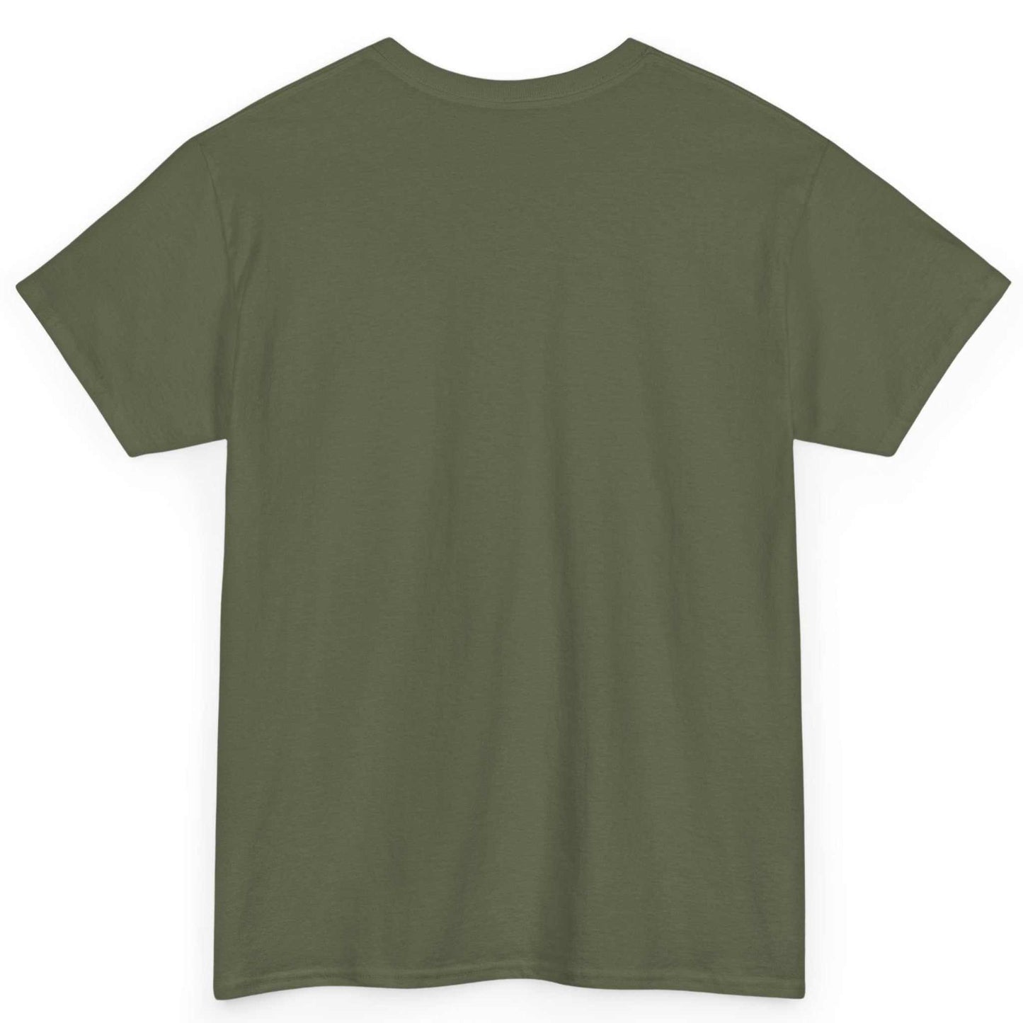 Rear view of the plain military green casual retail fit streetwear shirt.