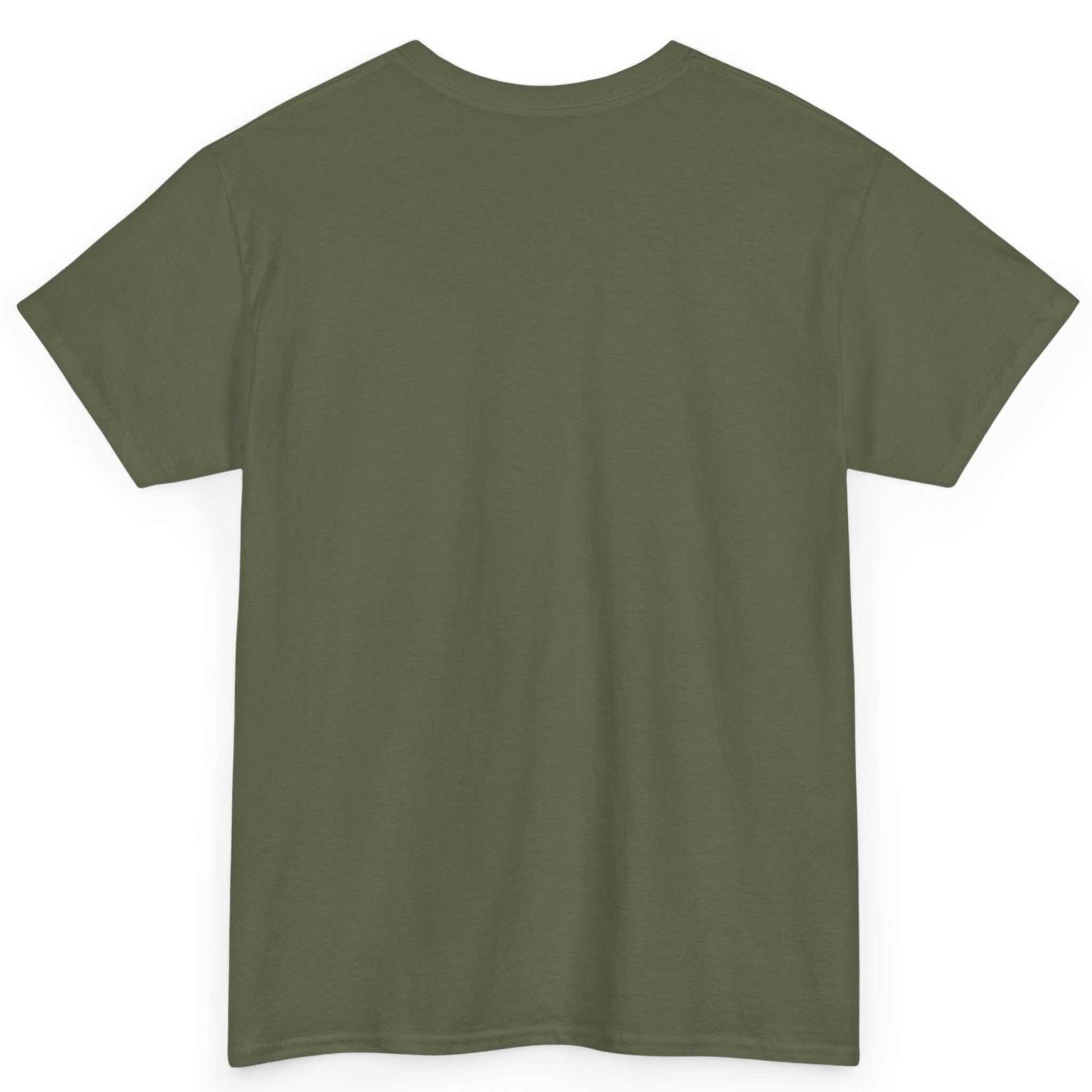 Rear view of the plain military green casual retail fit streetwear shirt.