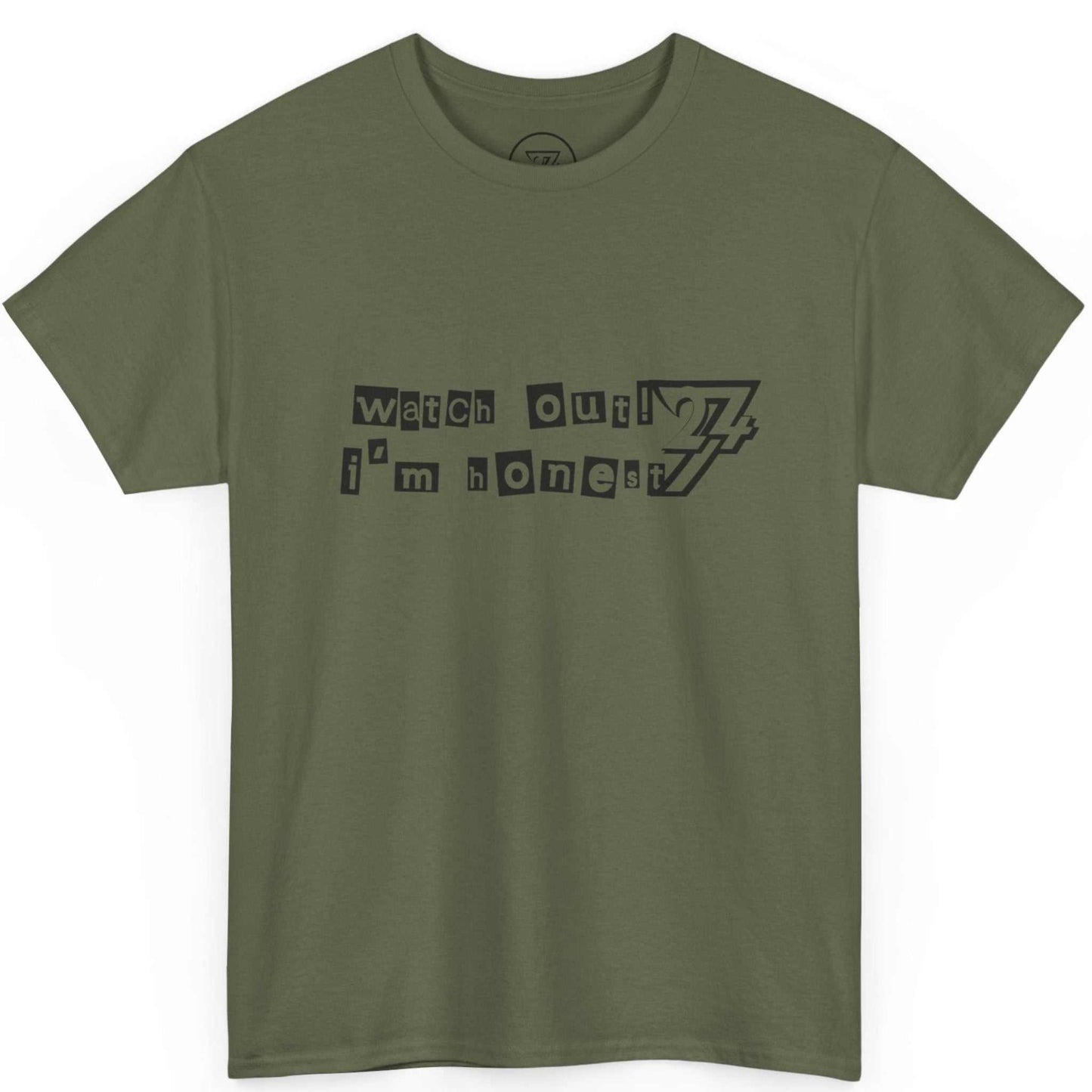 Flat lay of the military green everyday humor clothing top.