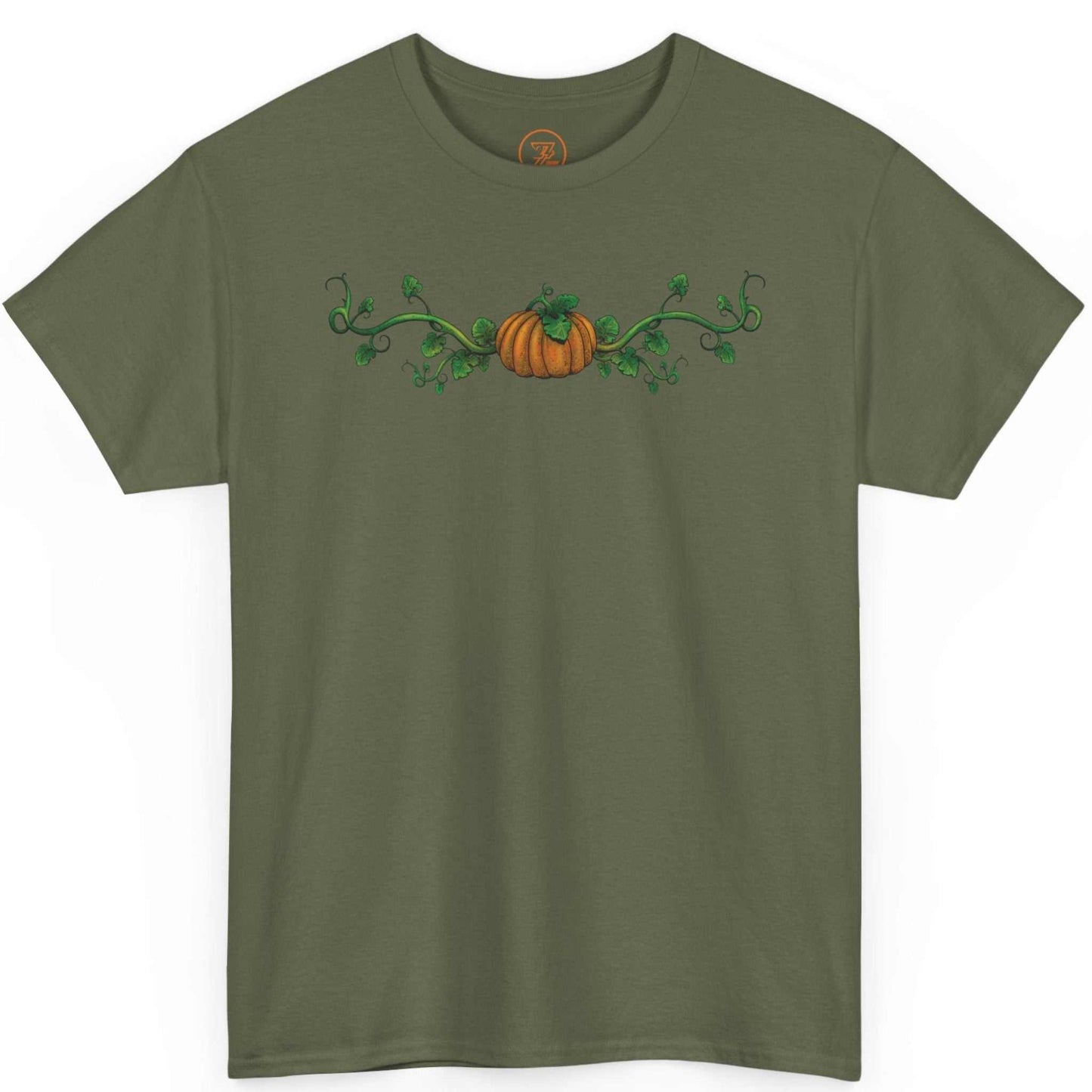 Solid military green fall festival clothing displaying the hand-drawn pumpkin illustration.