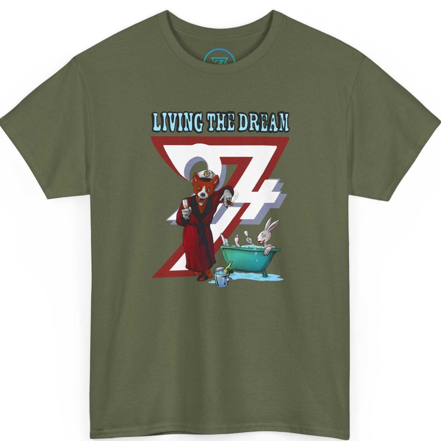 Military green funny bachelor party shirt displaying the humorous party artwork, displayed on a clean background.