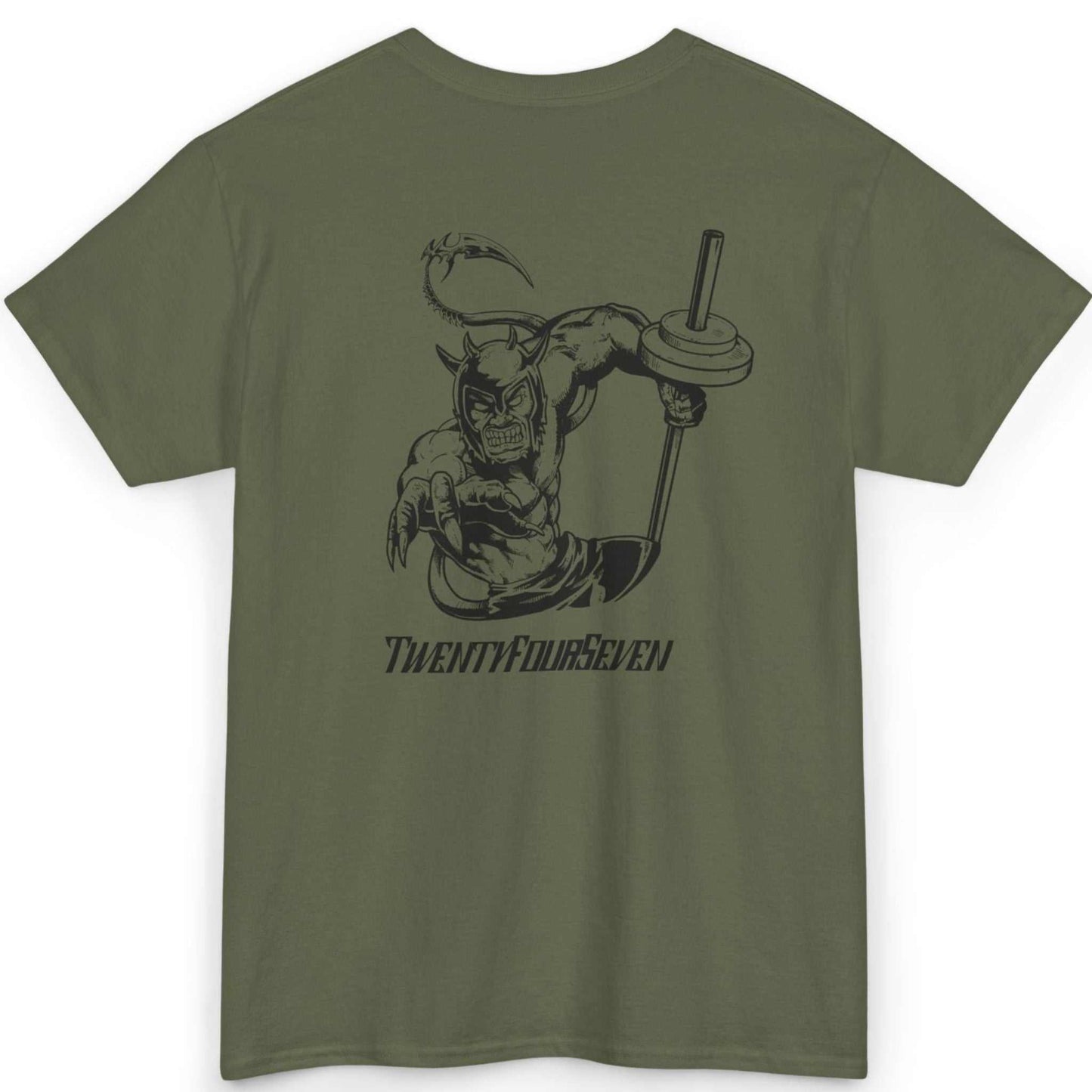 Back view of a military green hand-drawn fitness apparel tee highlighting the detailed Dablo barbell curl illustration, laid flat.