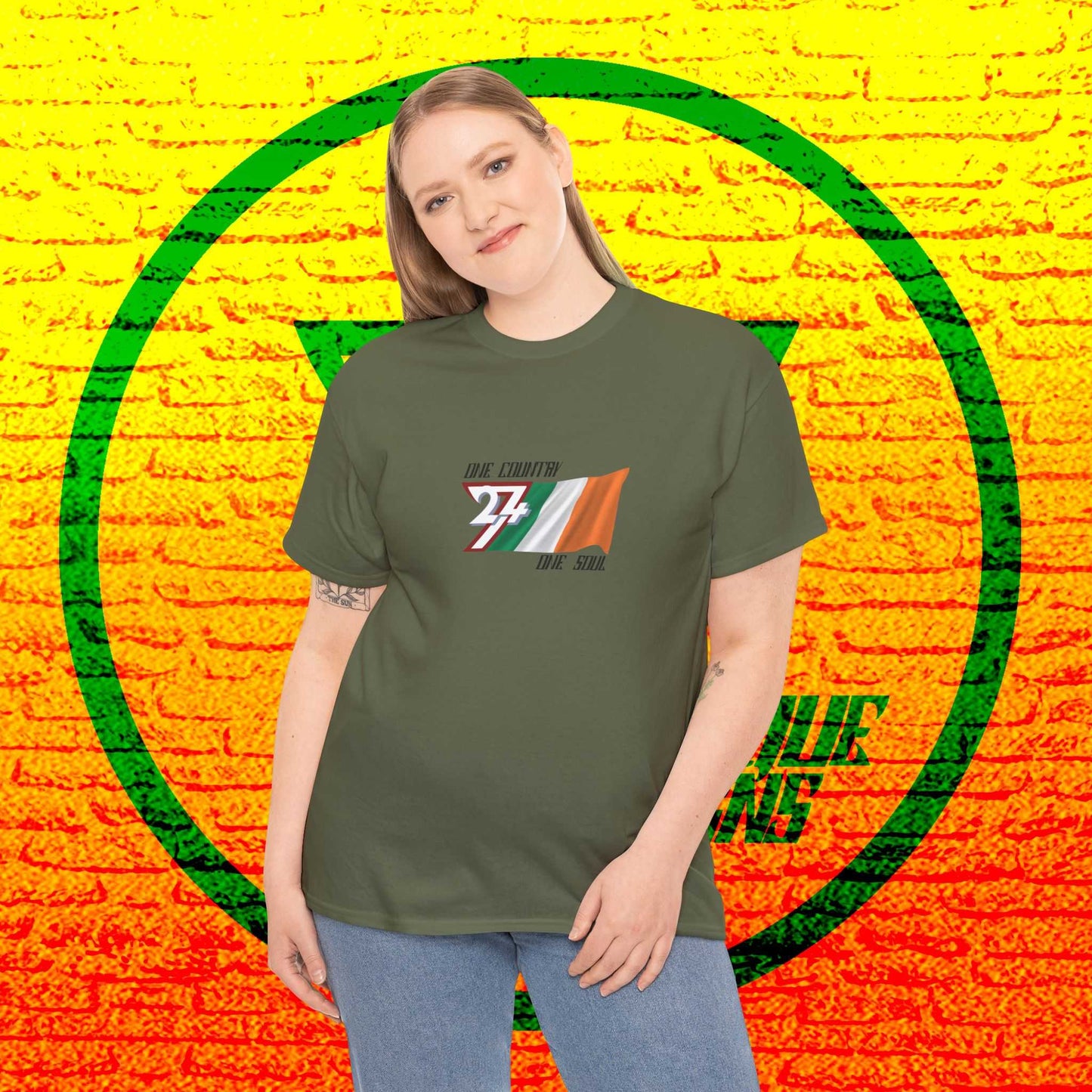 Female model wearing the unique Ireland graphic tee in military geen representing Irish heritage with a modern fit.