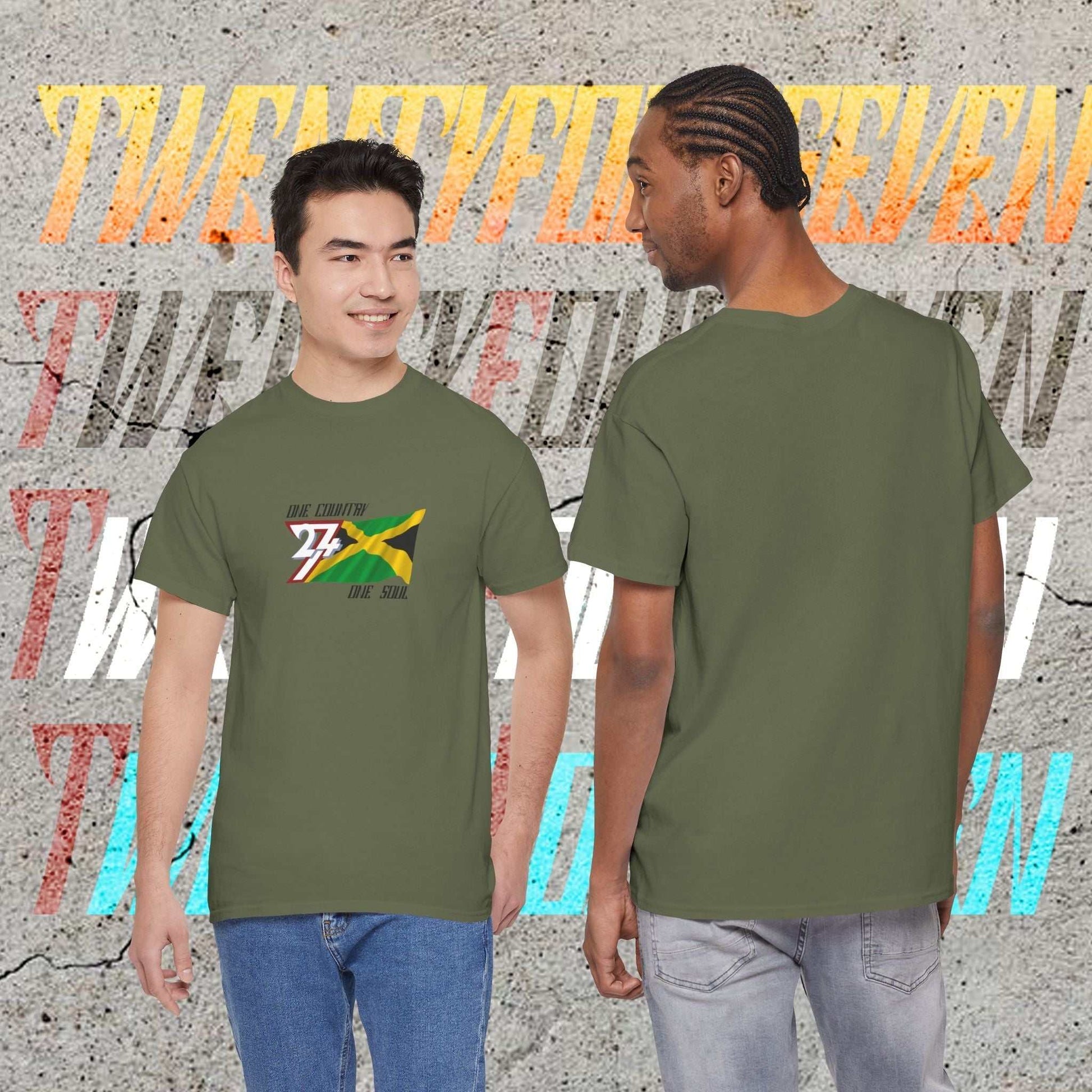Two male models wearing the hand-drawn Jamaica flag t-shirts in military green with the "One Country One Soul" slogan.