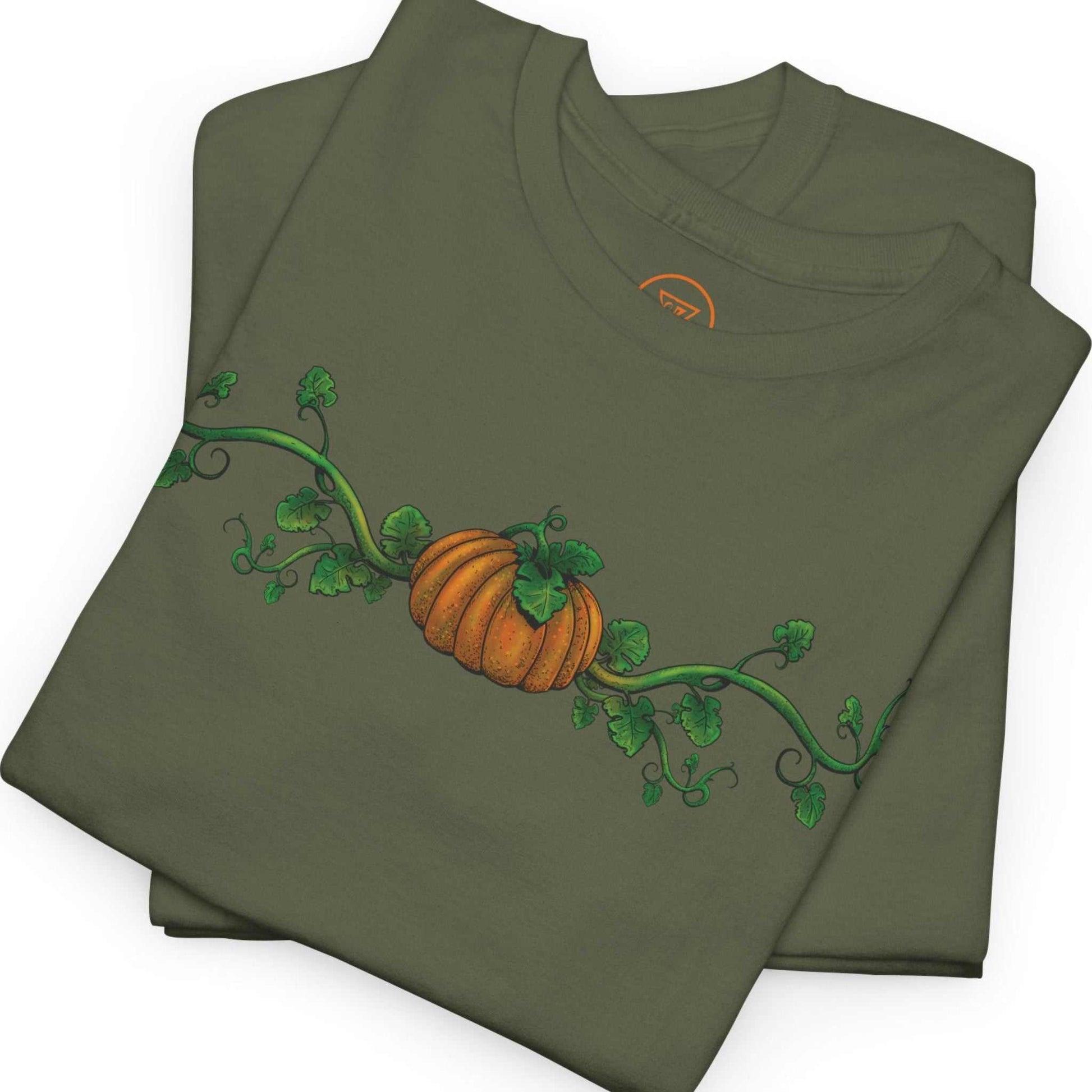 Zoomed in view of the semi-realistic line art on the military green premium t-shirt.