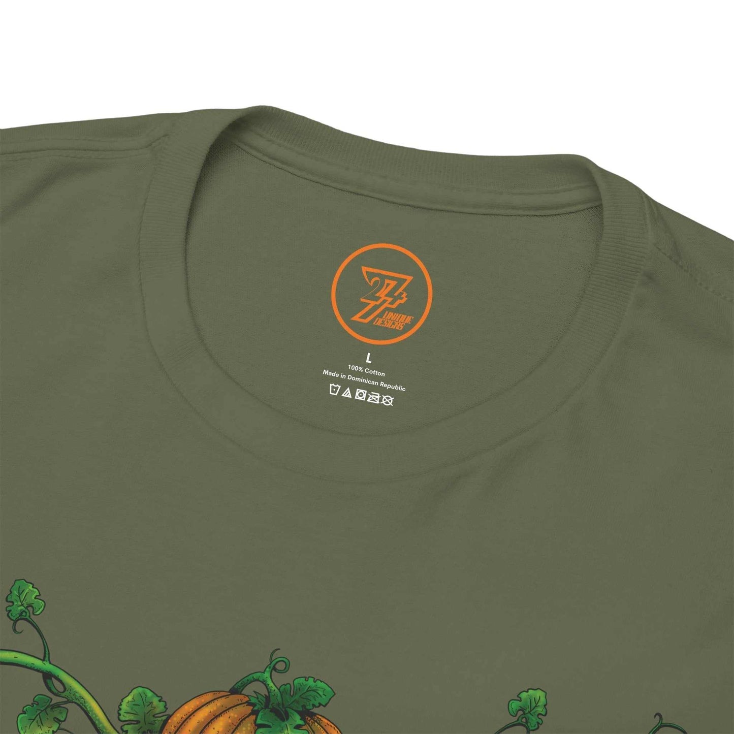 Detail shot of the ethically sourced cotton neckline on the military green seasonal apparel.