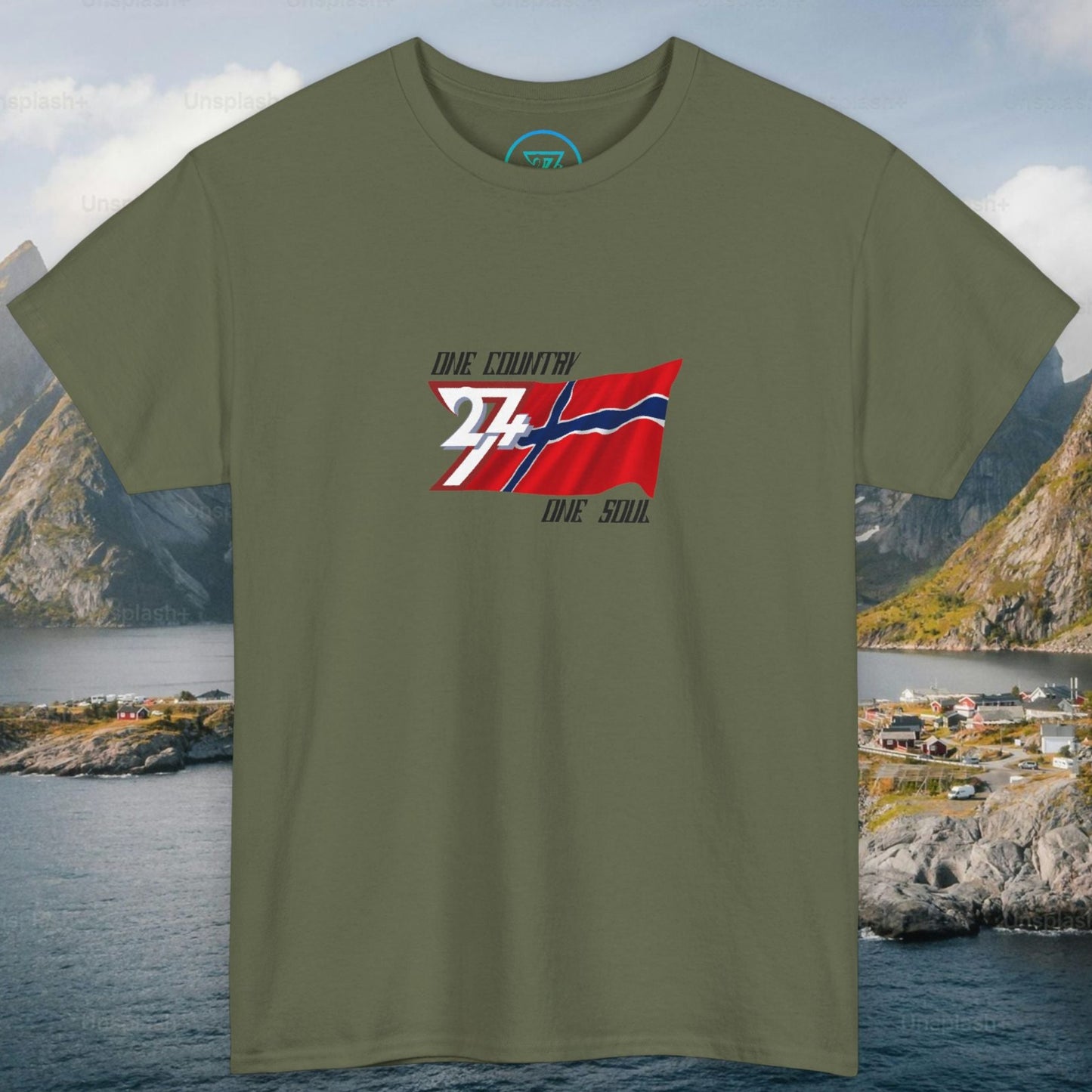 Back view of military green Norway flag t-shirt showing the premium fabric quality and streetwear fit.