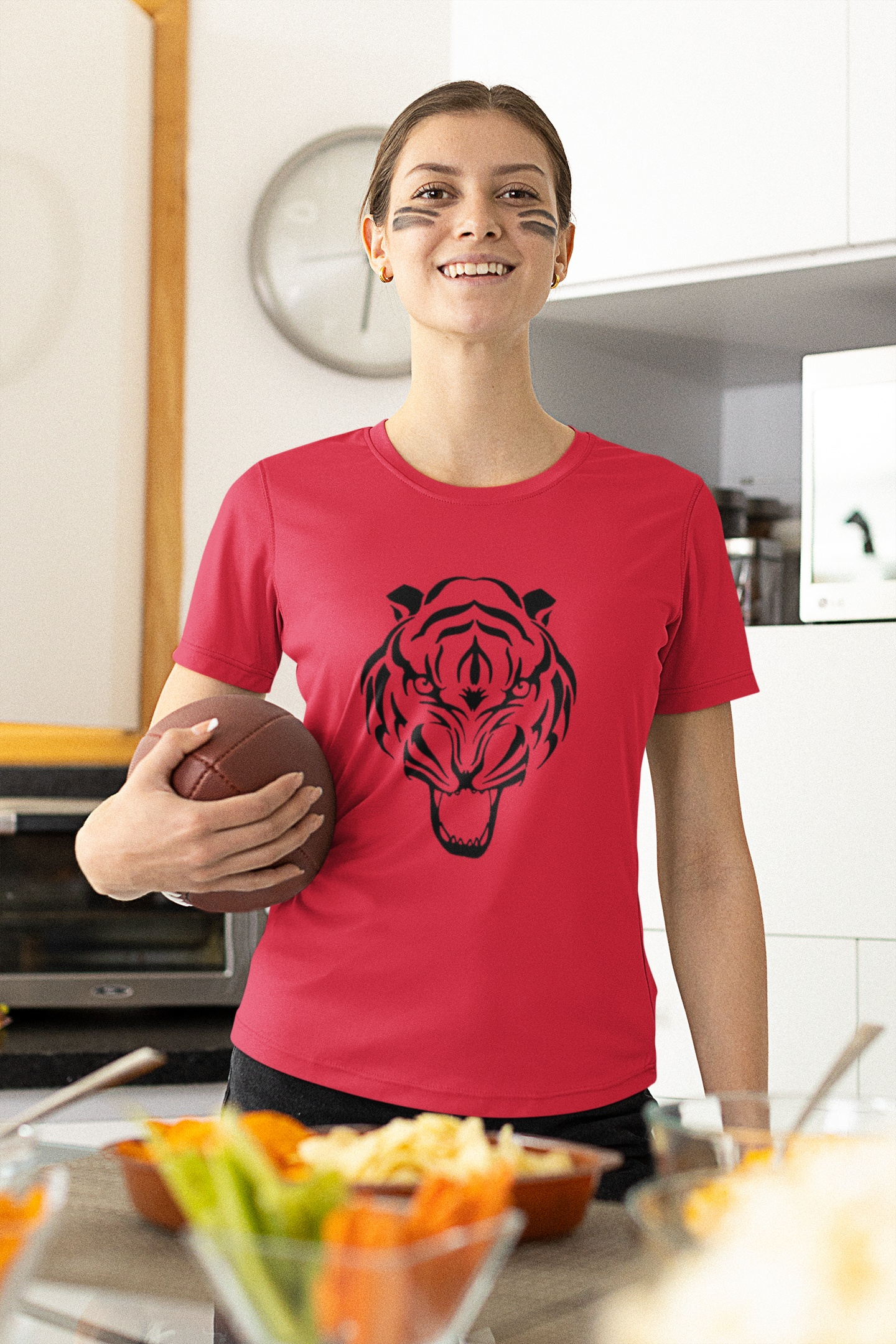 Female model wearing the wild spirit streetwear top with a tiger illustration.