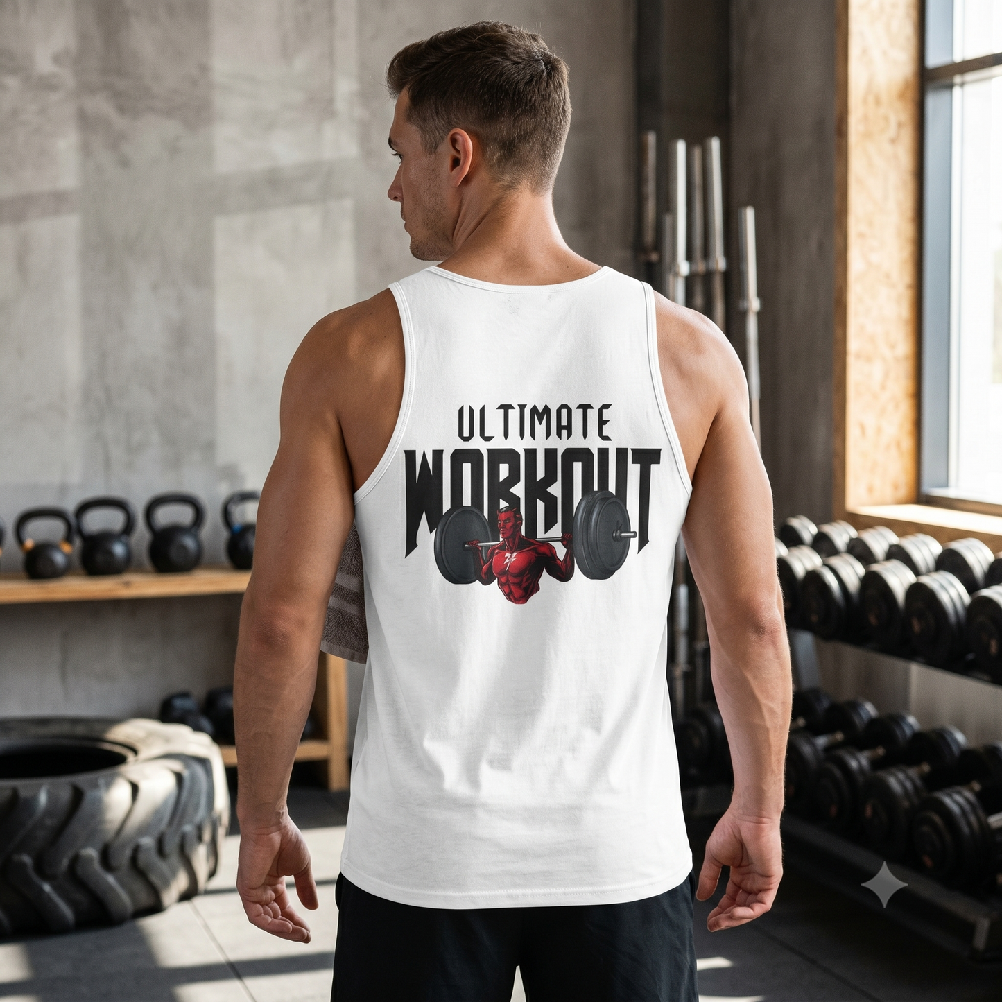 Muscular male model seen from the back wearing the white squat workout tank top, standing in an industrial gym setting surrounded by kettlebells and weights to highlight the bold comic back graphic.