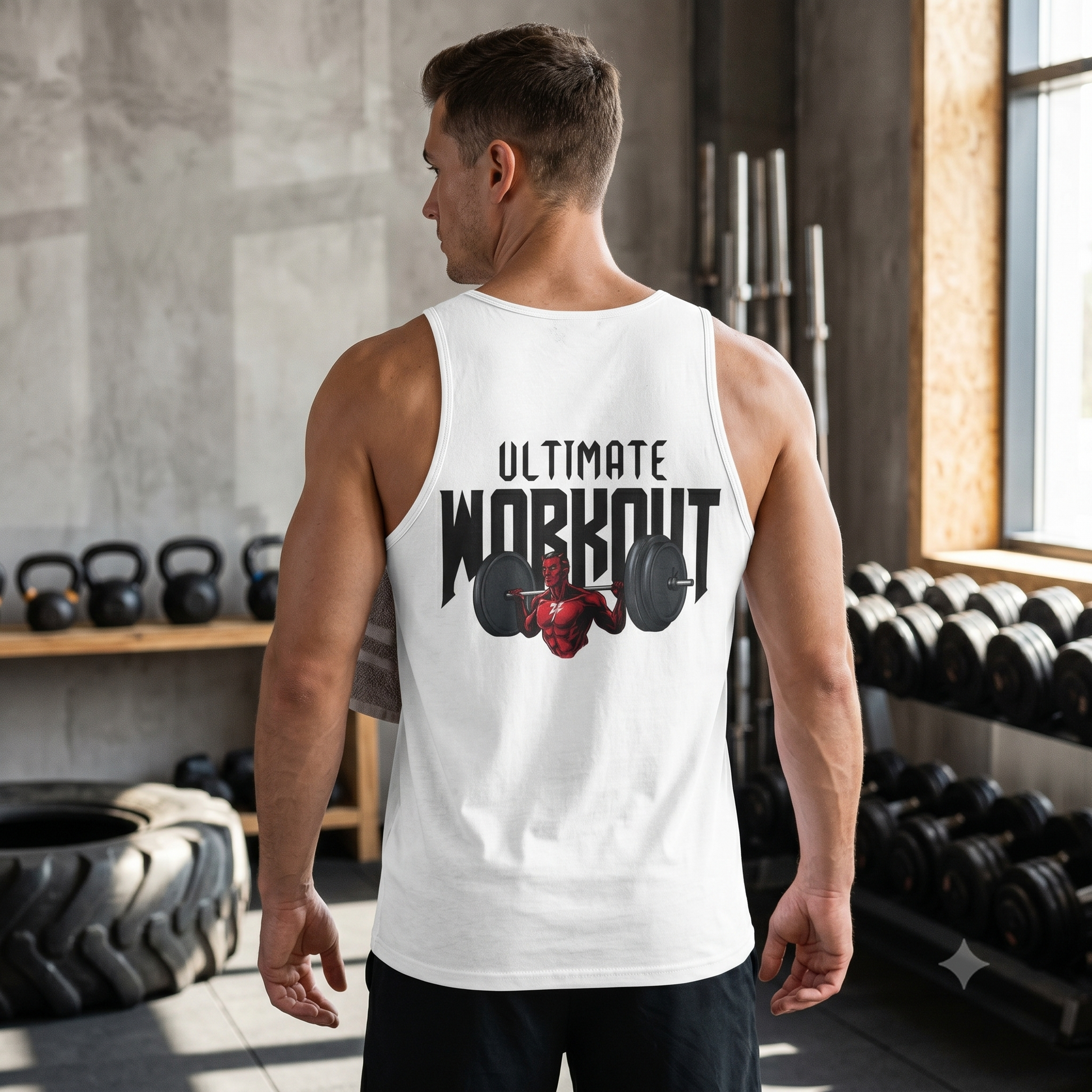 Muscular male model seen from the back wearing the white squat workout tank top, standing in an industrial gym setting surrounded by kettlebells and weights to highlight the bold comic back graphic.