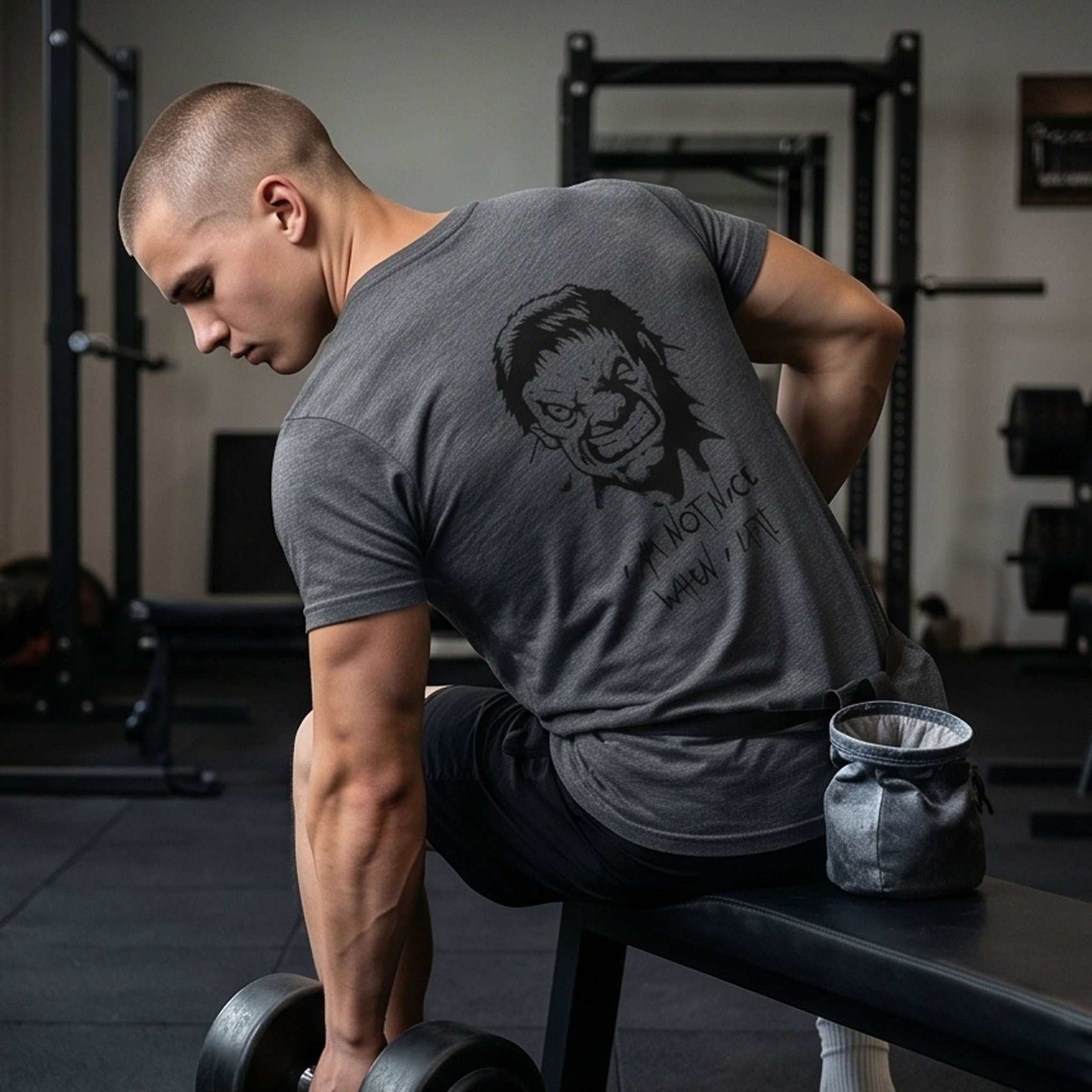 Male model seen from the back wearing the sport grey funny bodybuilding graphic tee, sitting on a gym bench with a dumbbell and chalk bag, highlighting the sarcastic back quote.
