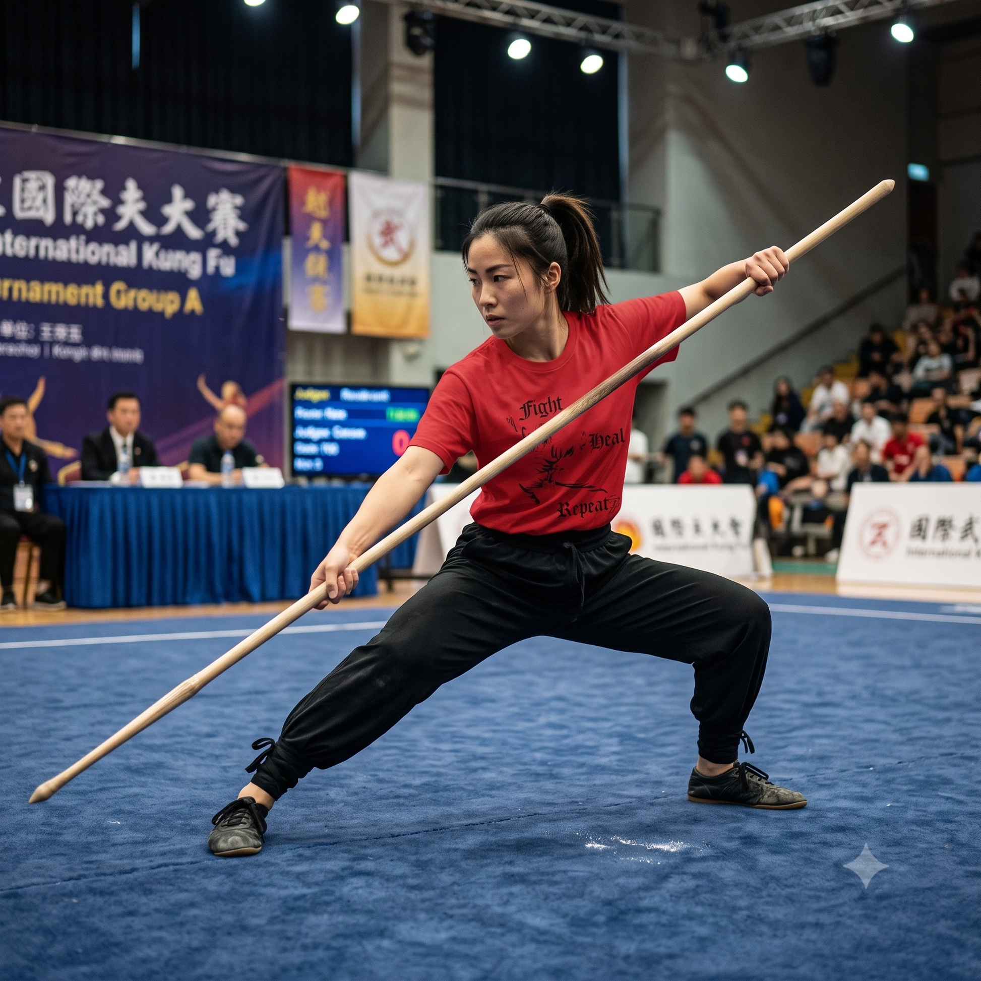 Female martial artist holding a long wooden bo staff in a low, focused combat stance during a tournament, wearing the red forms champion martial arts tee to highlight its competitive athletic fit.