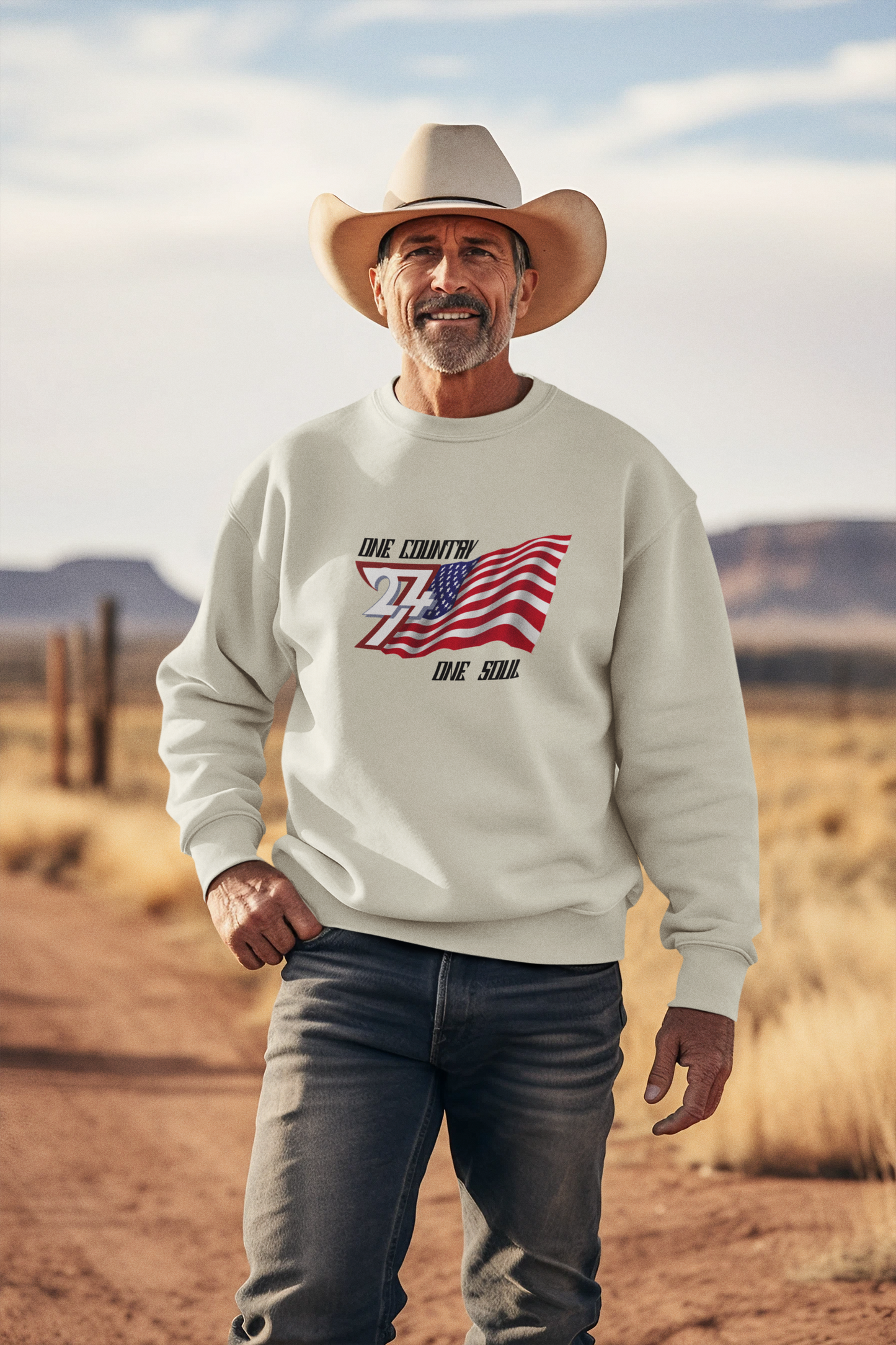 Man wearing a sand colored sweatshirt with an American flag design in a desert setting