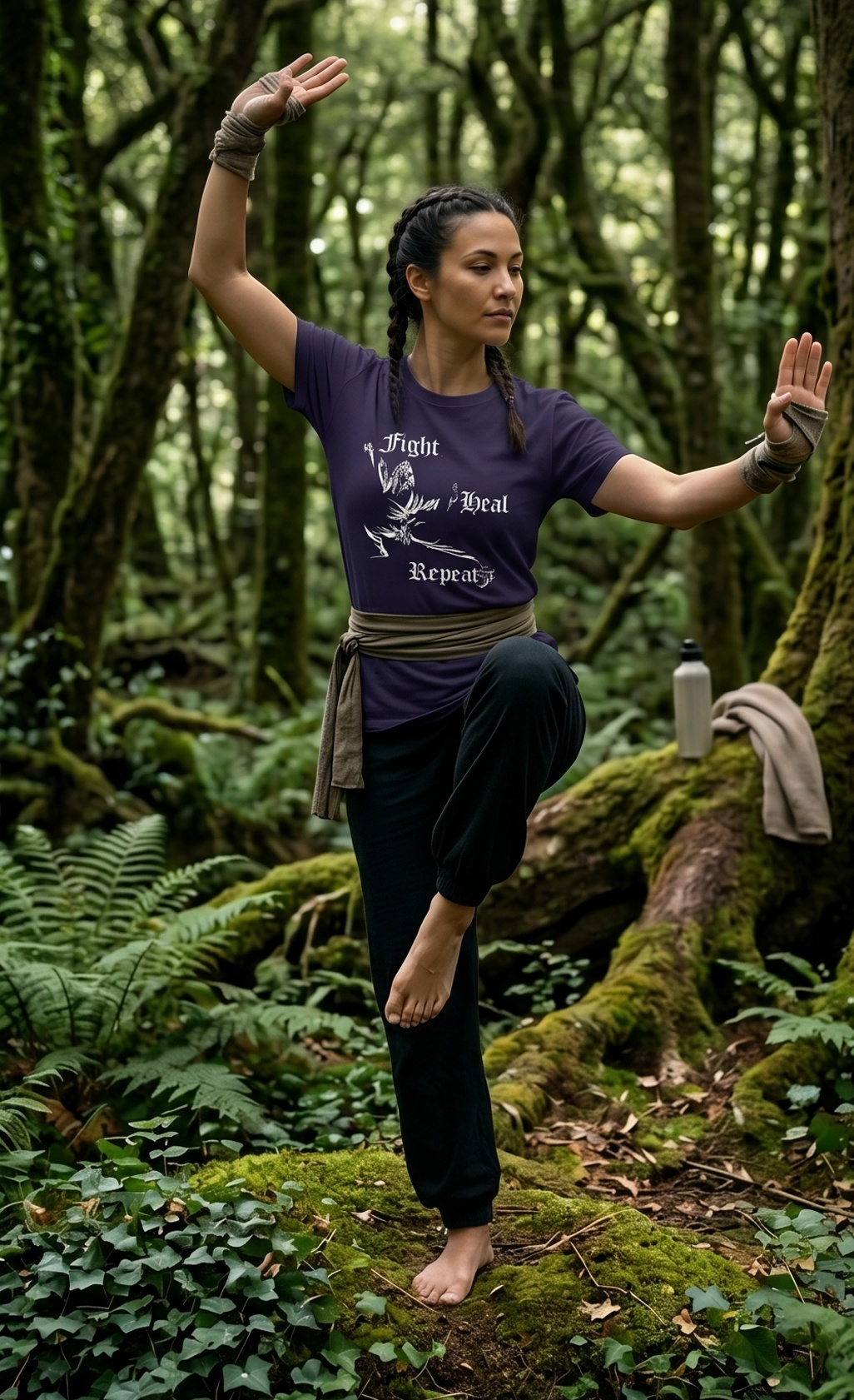 Female practitioner balancing in a graceful martial arts form deep in a lush green forest, wearing the blackberry purple retro martial arts tee to highlight the unrestricted movement of the apparel.