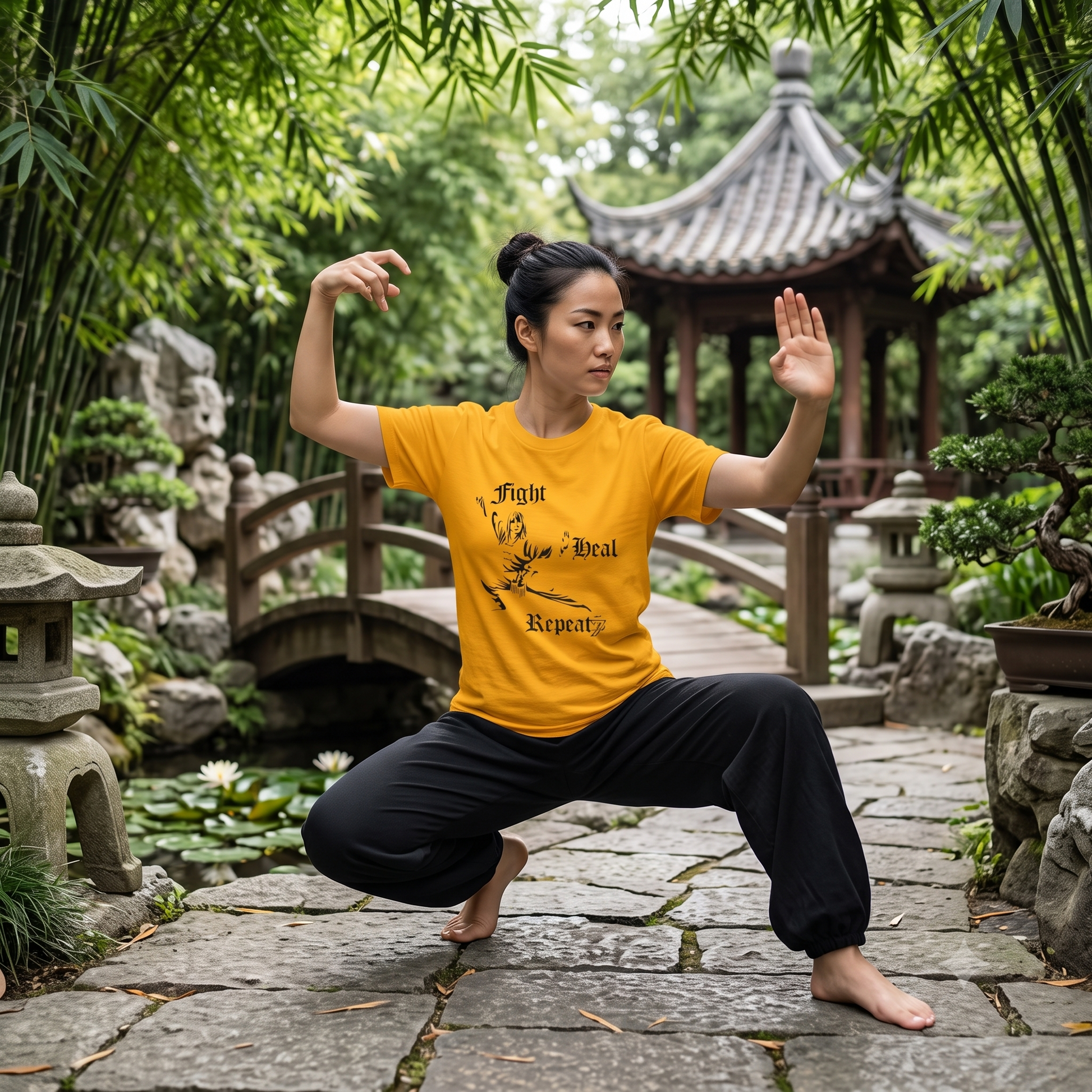 Female practitioner balancing in a graceful Kung Fu form in a lush, traditional bamboo garden, wearing the gold vintage martial arts t-shirt to showcase the bold black ink graphic.