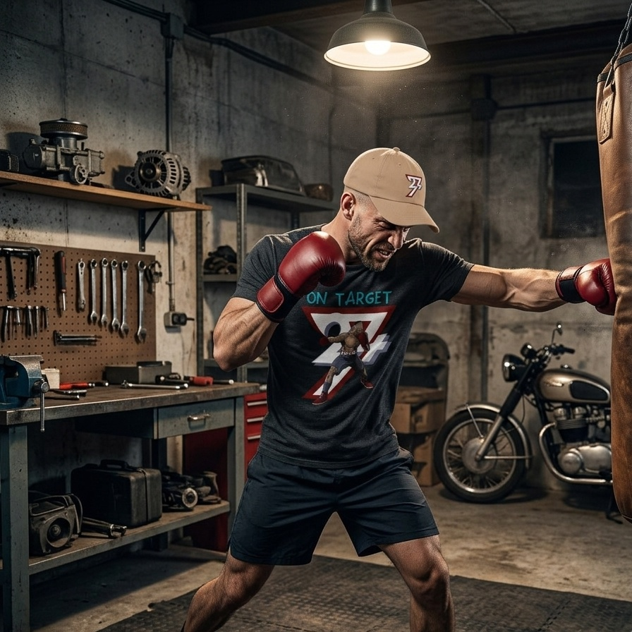 Muscular athlete throwing a powerful cross at a vintage leather heavy bag in a gritty garage gym, wearing the dark heather grey boxing graphic tee and a 24/7 logo cap to showcase its rugged athletic fit.