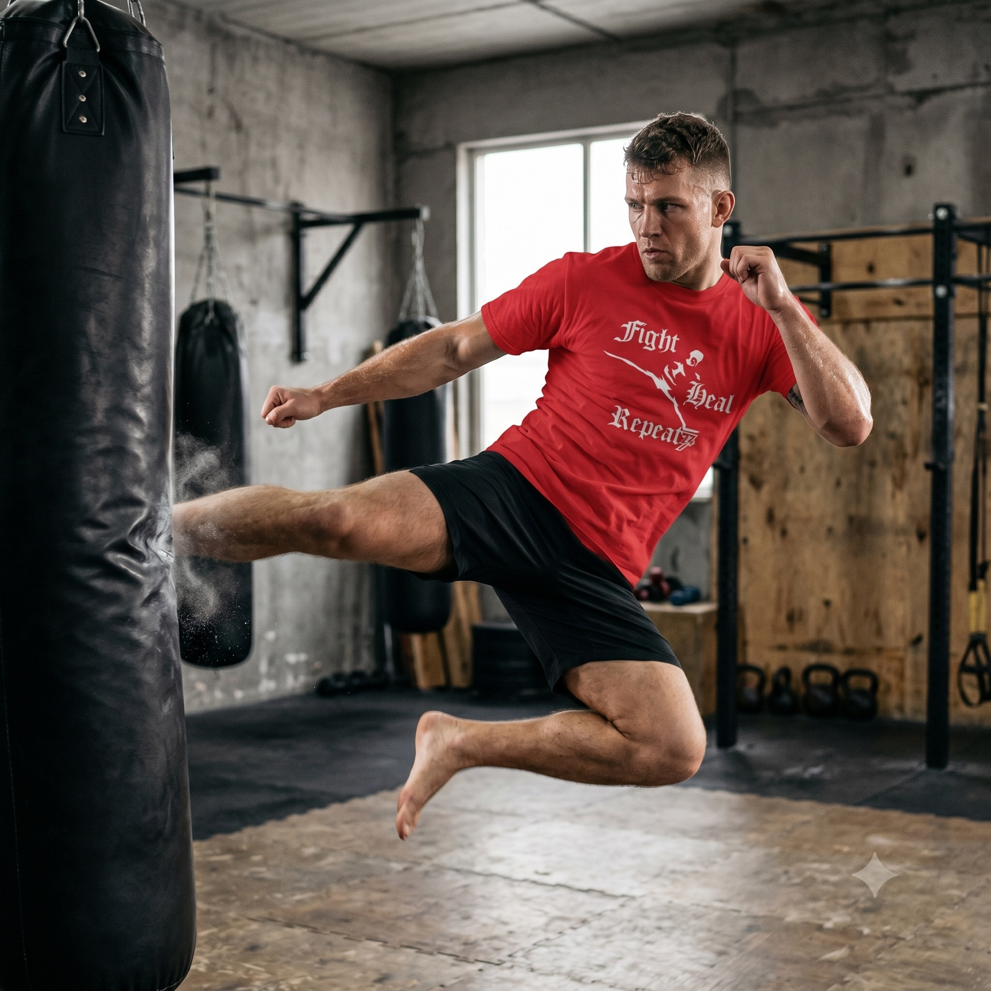 Muscular male fighter performing a dynamic flying kick against a heavy bag in a combat gym, wearing the bold red kickboxing t-shirt to perfectly showcase the Fight Heal Repeat graphic in action.