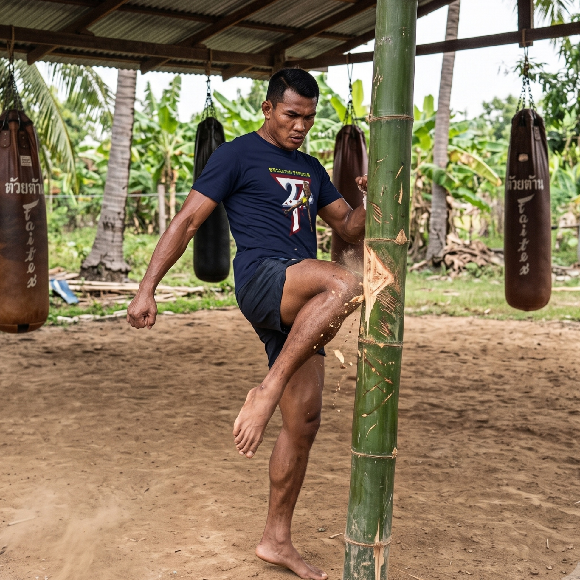 Muscular fighter executing a powerful knee strike against a bamboo stalk in an outdoor training camp, wearing the navy blue Muay Thai t-shirt to highlight its durability and unrestricted movement during workouts.