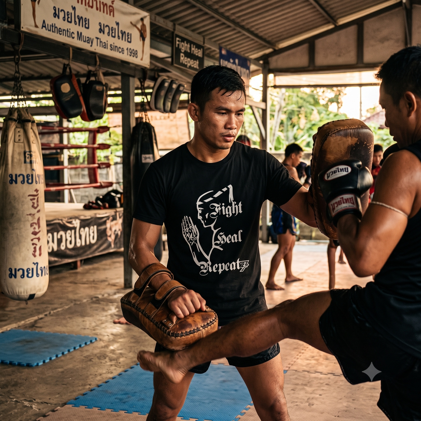 A fighter holding Thai pads while catching a heavy low kick in a combat sports training facility, wearing the black Wai Kru combat sports tee to highlight the Fight Heal Repeat graphic in action.