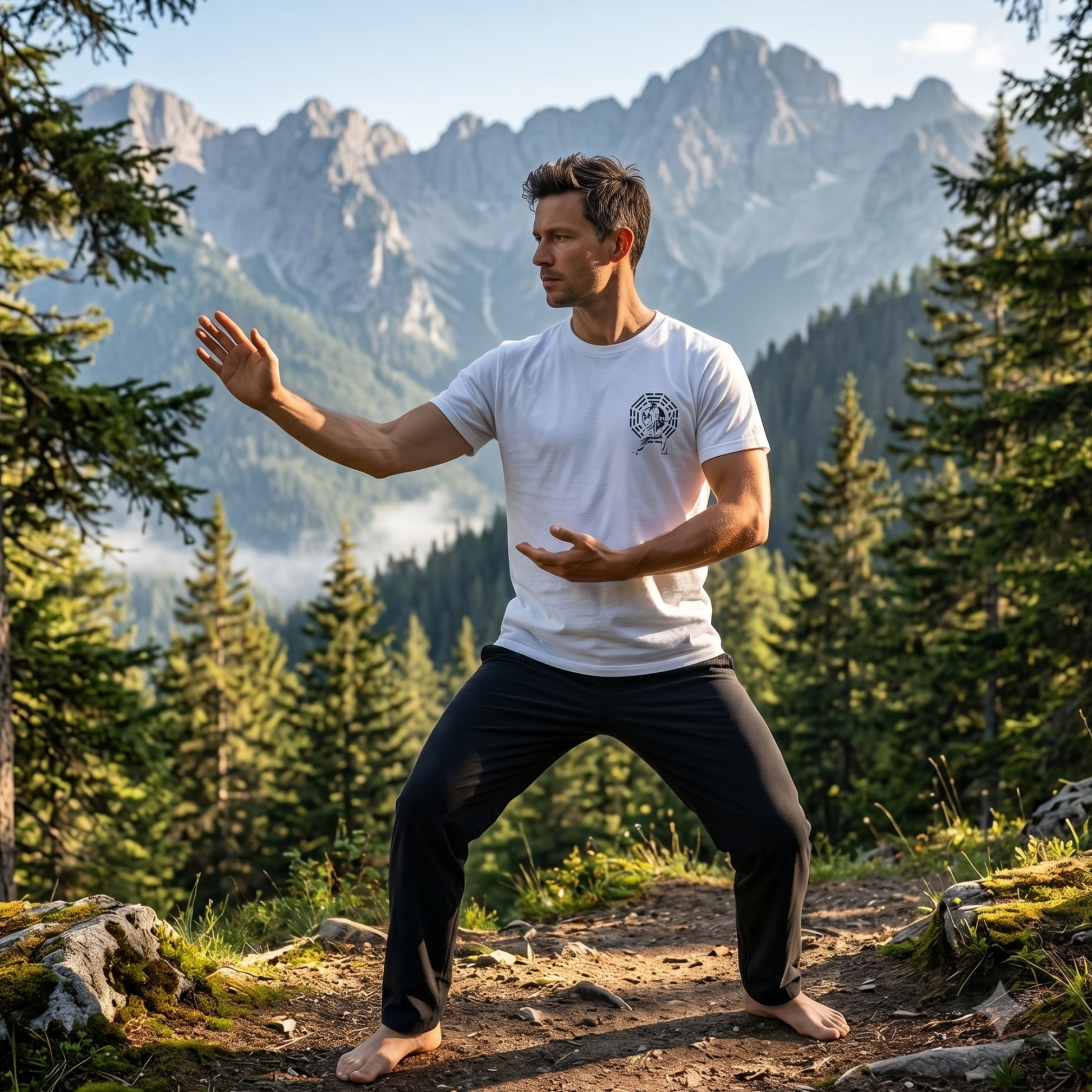 Male model practicing a deep Tai Chi stance in a scenic mountain forest, wearing the white vintage feel cotton tee to highlight its comfortable, unrestricted fit.