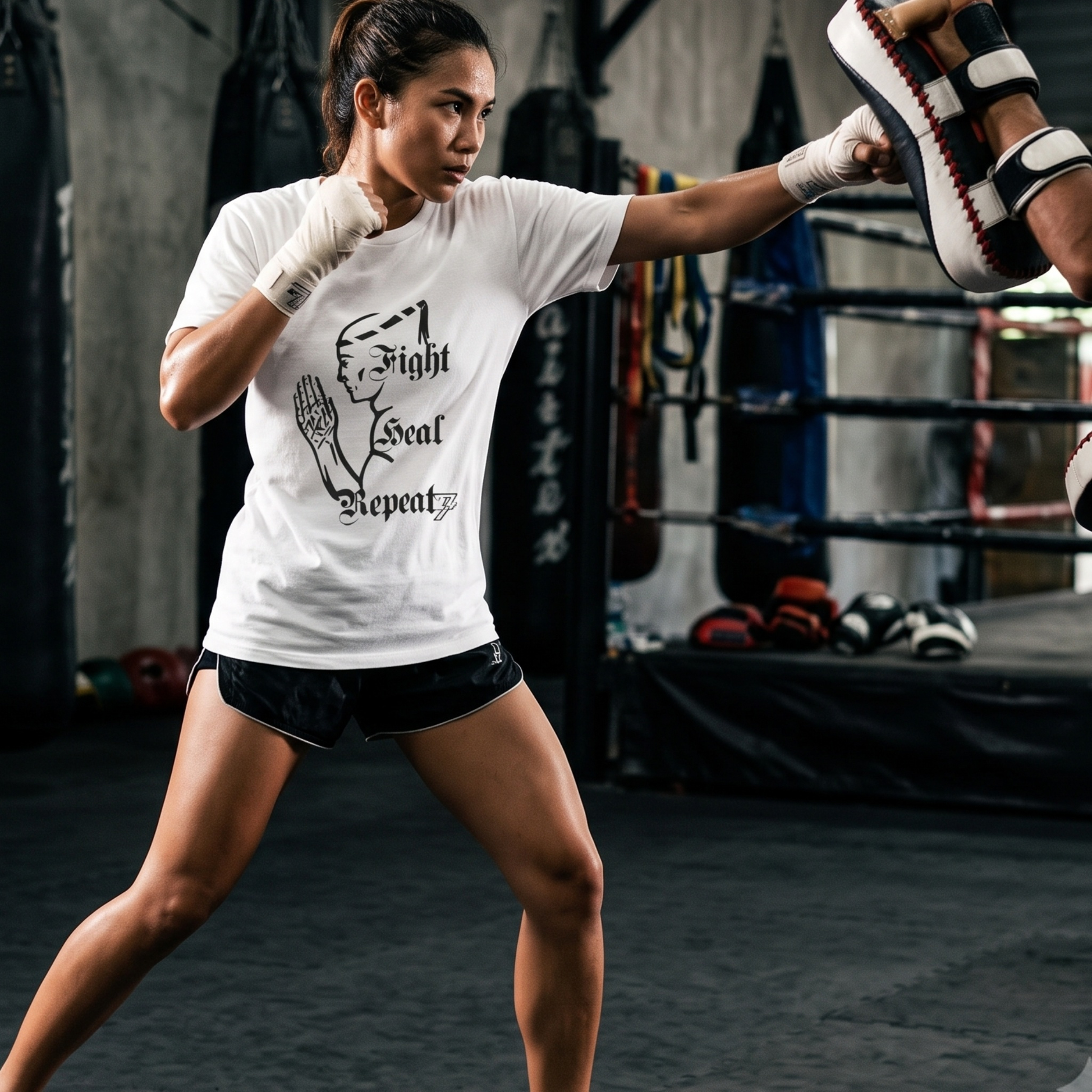 Female martial artist throwing a punch at focus mitts inside a boxing ring, wearing the white Wai Kru graphic tee to highlight the bold black ink design in action.