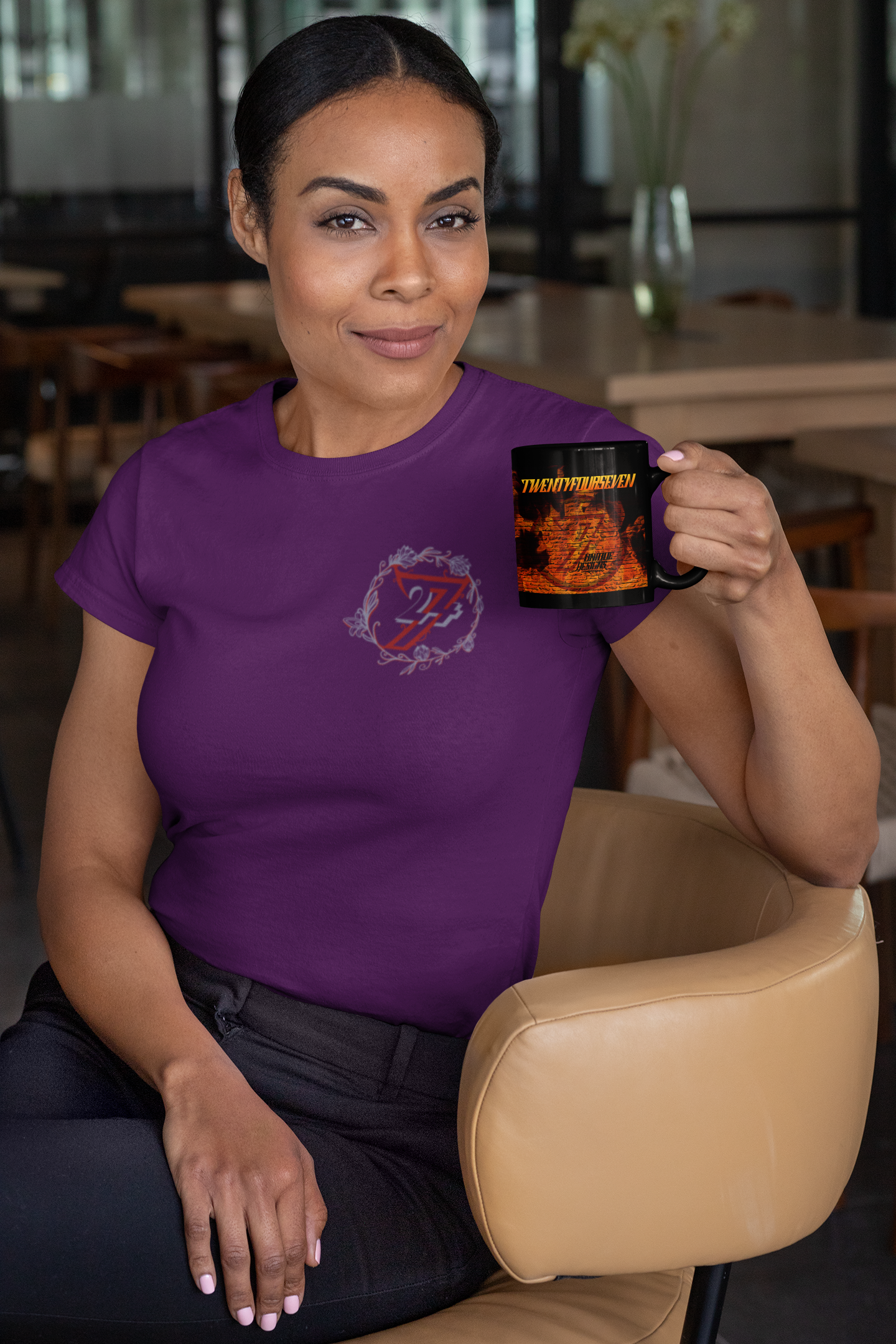 Woman wearing a rich purple moody floral apparel staple piece.