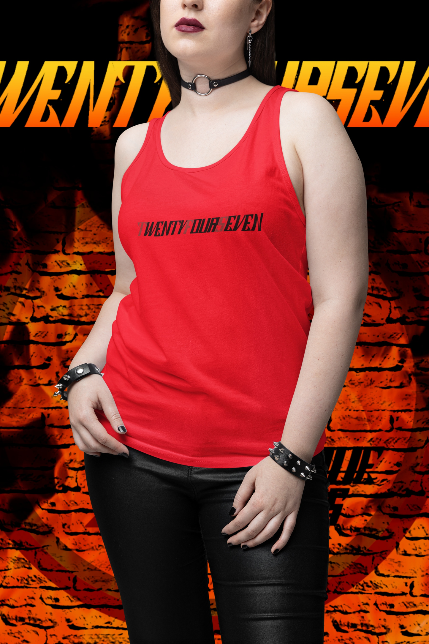 Woman wearing a bright red boutique fashion staple tank top.