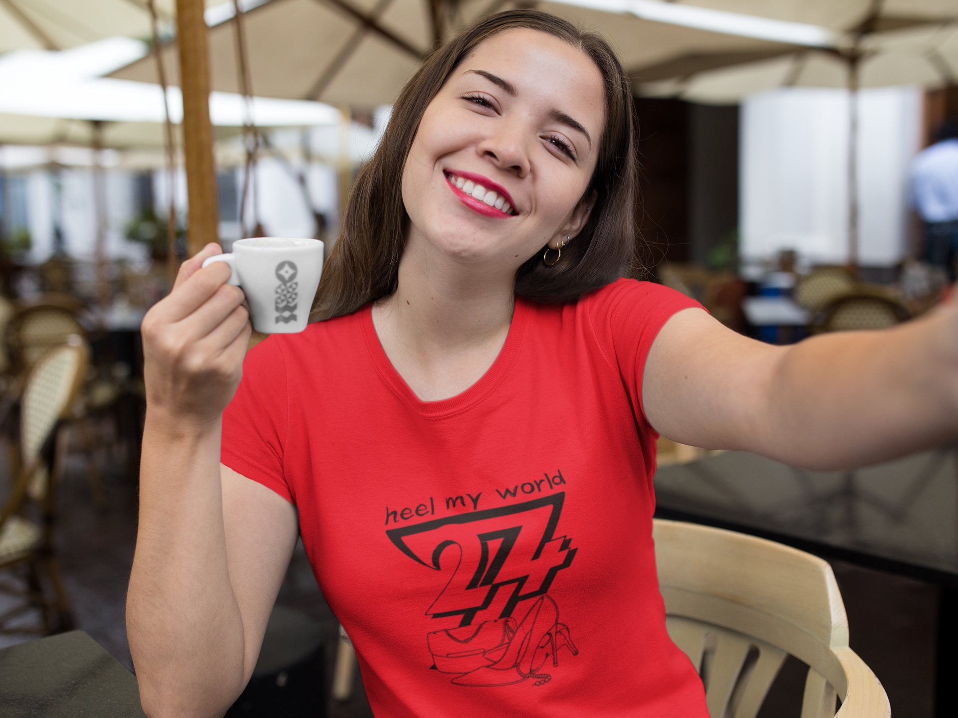 Female model styling a bright red chic fashion line-art shirt for a confident, everyday casual look.