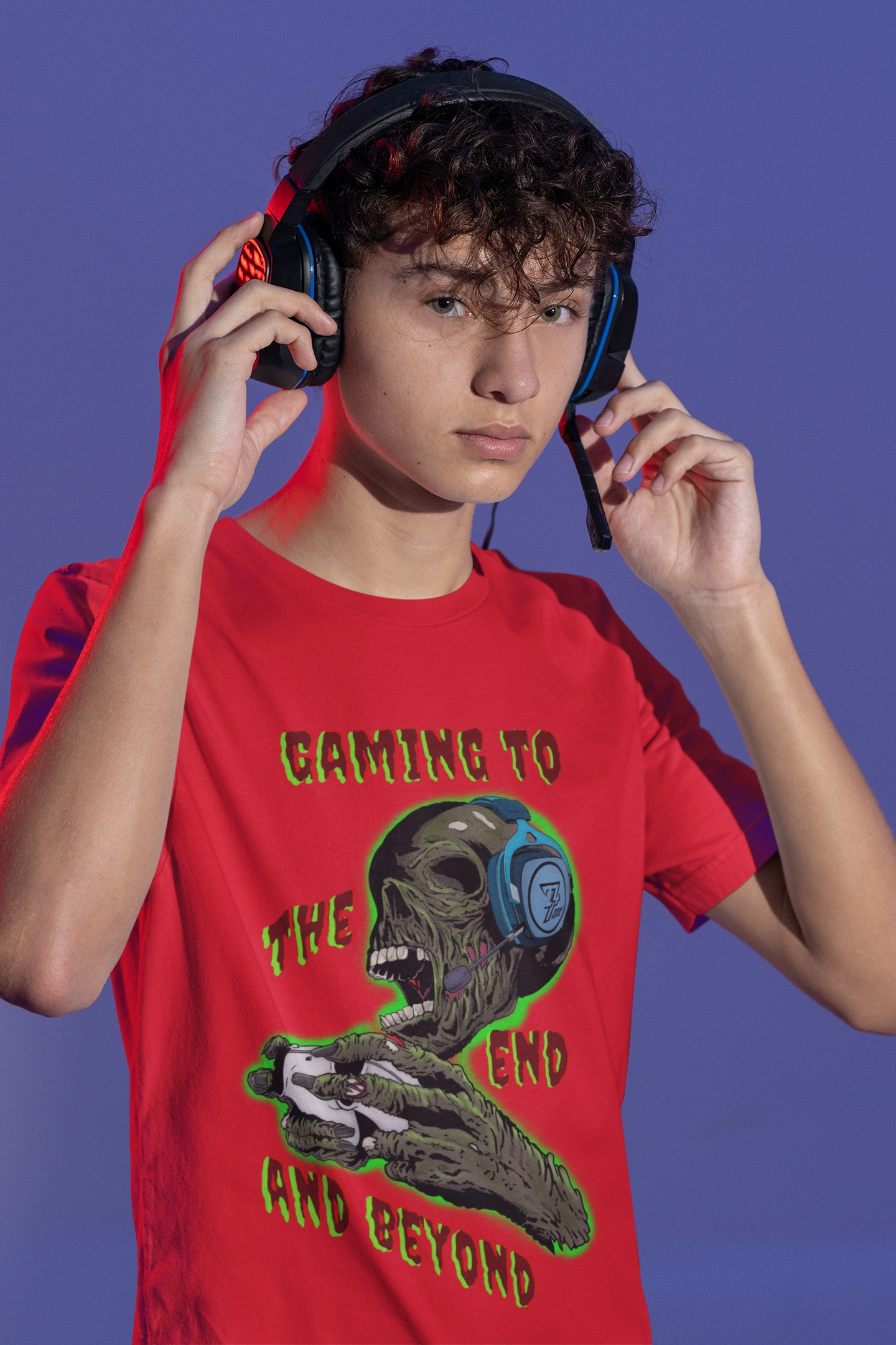 Front view of a model styling the red Halloween zombie tee in a casual streetwear outfit.