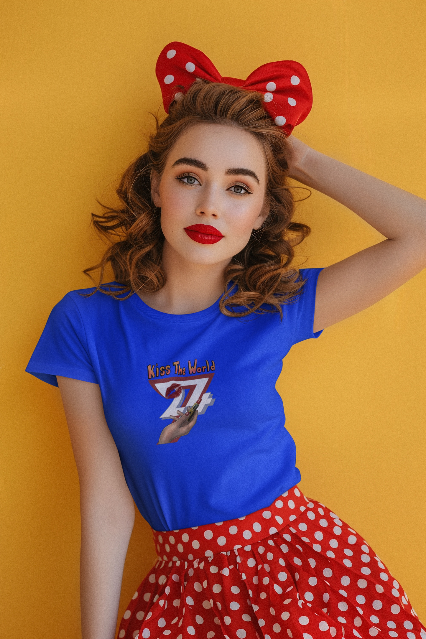 A woman styling a bright royal blue artistic lipstick hand shirt, perfect for a bold everyday look.