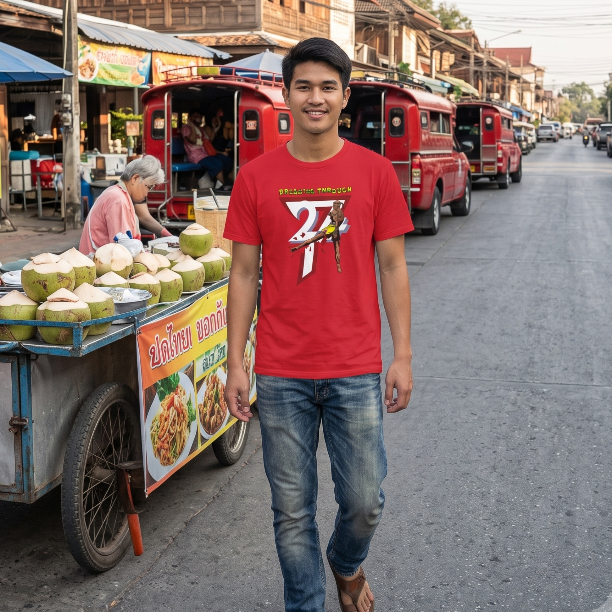 Young man smiling and walking casually through a bustling, traditional Thai street market, wearing the bold red combat sports graphic tee to perfectly demonstrate its everyday streetwear aesthetic.