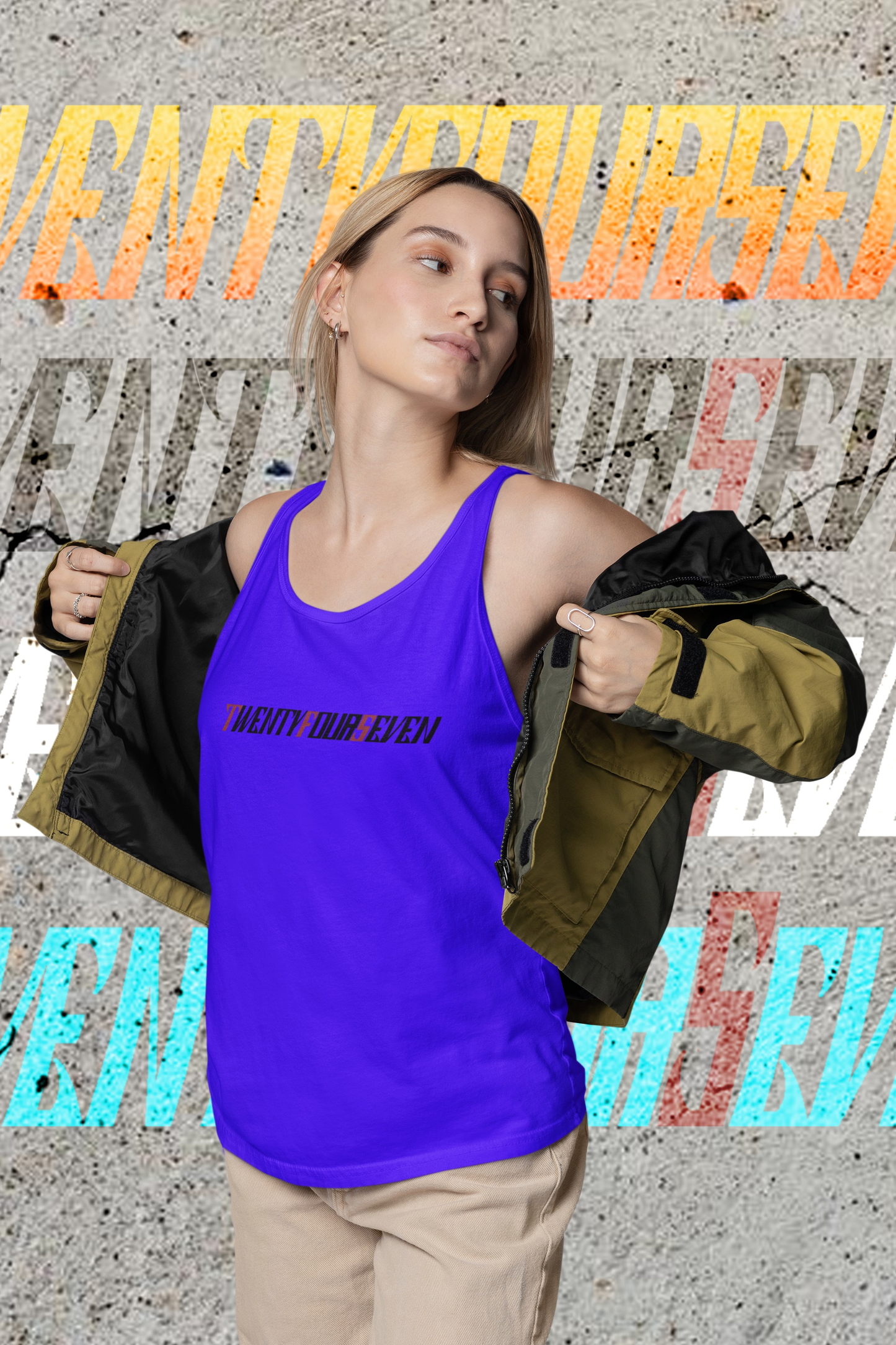 Woman in a true royal blue custom font logo tank top.