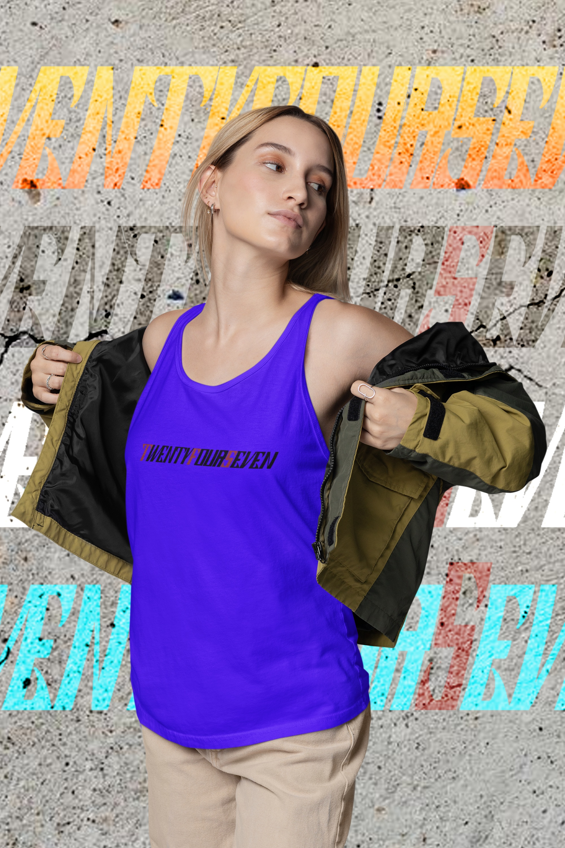 Woman in a true royal blue custom font logo tank top.