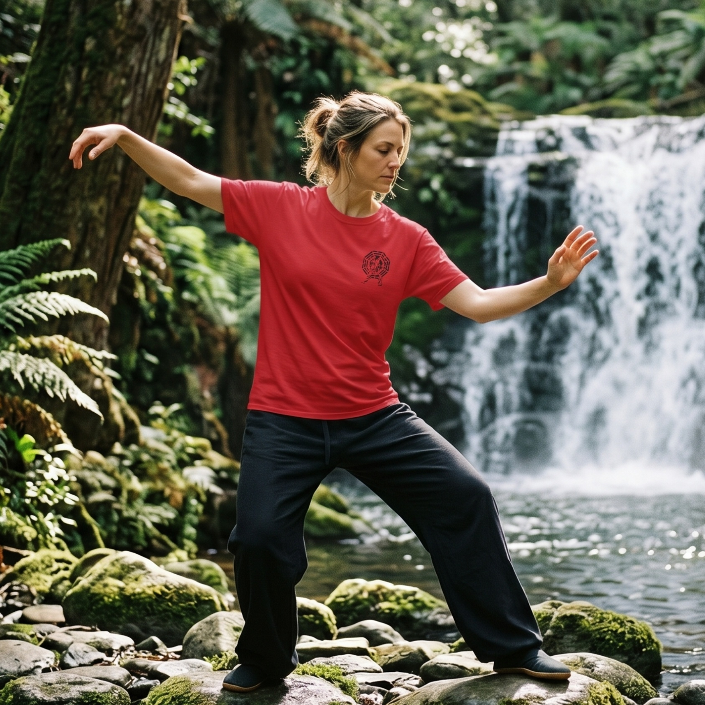 Female model performing mindful Tai Chi movements on rocks by a lush waterfall, wearing the vibrant red martial arts graphic tee to showcase the relaxed silhouette.