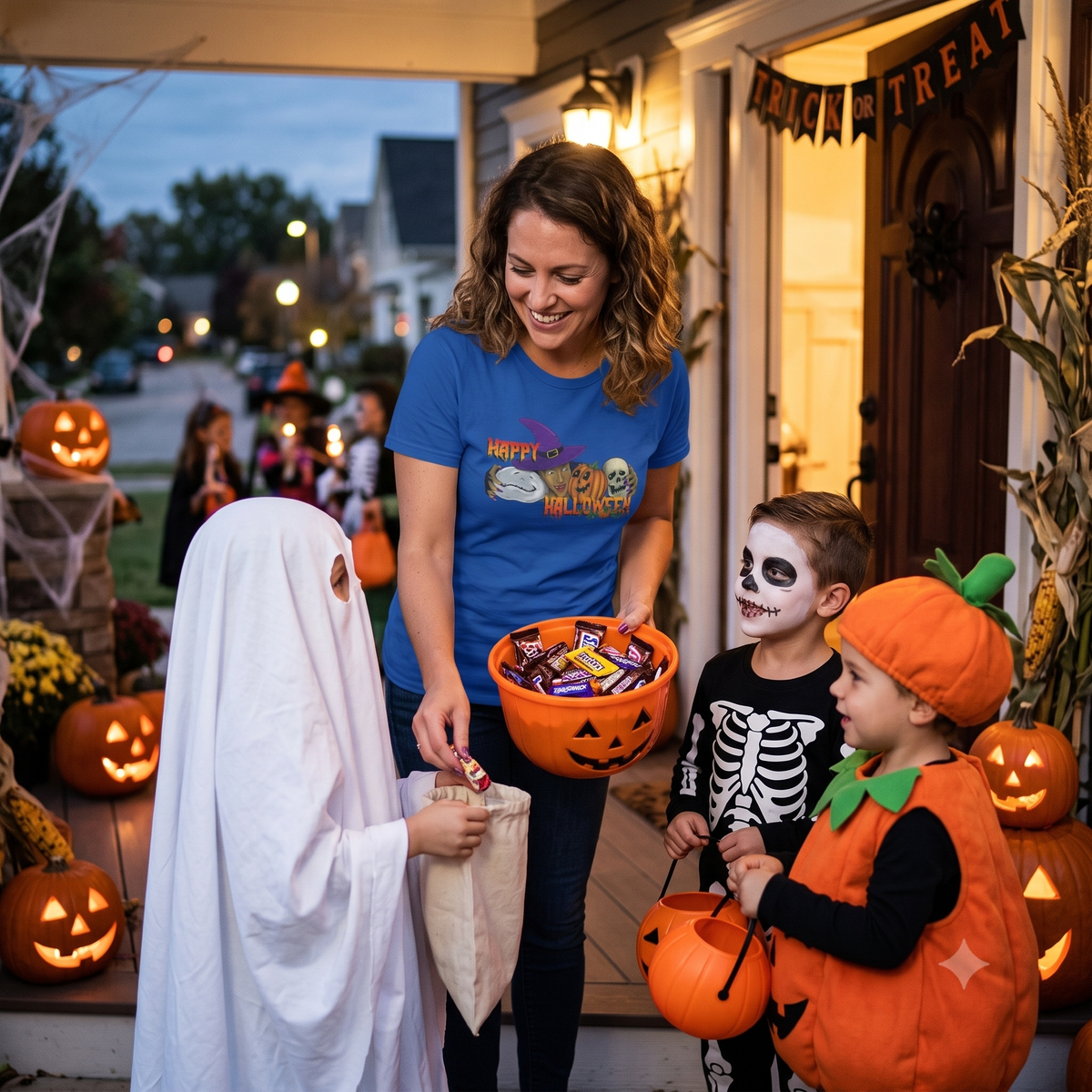 Smiling mother standing on a decorated porch wearing the royal blue Happy Halloween graphic tee, handing out candy to three young children dressed as a ghost, a skeleton, and a pumpkin.