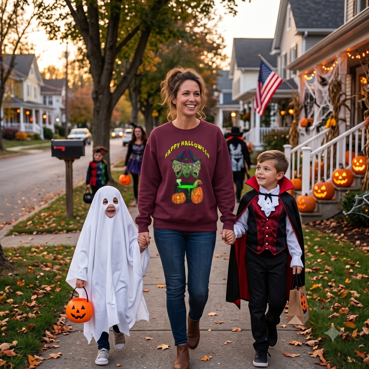 Happy mother walking down a suburban sidewalk holding hands with her two young children dressed as a ghost and a vampire, wearing the cozy maroon trick or treat sweatshirt.