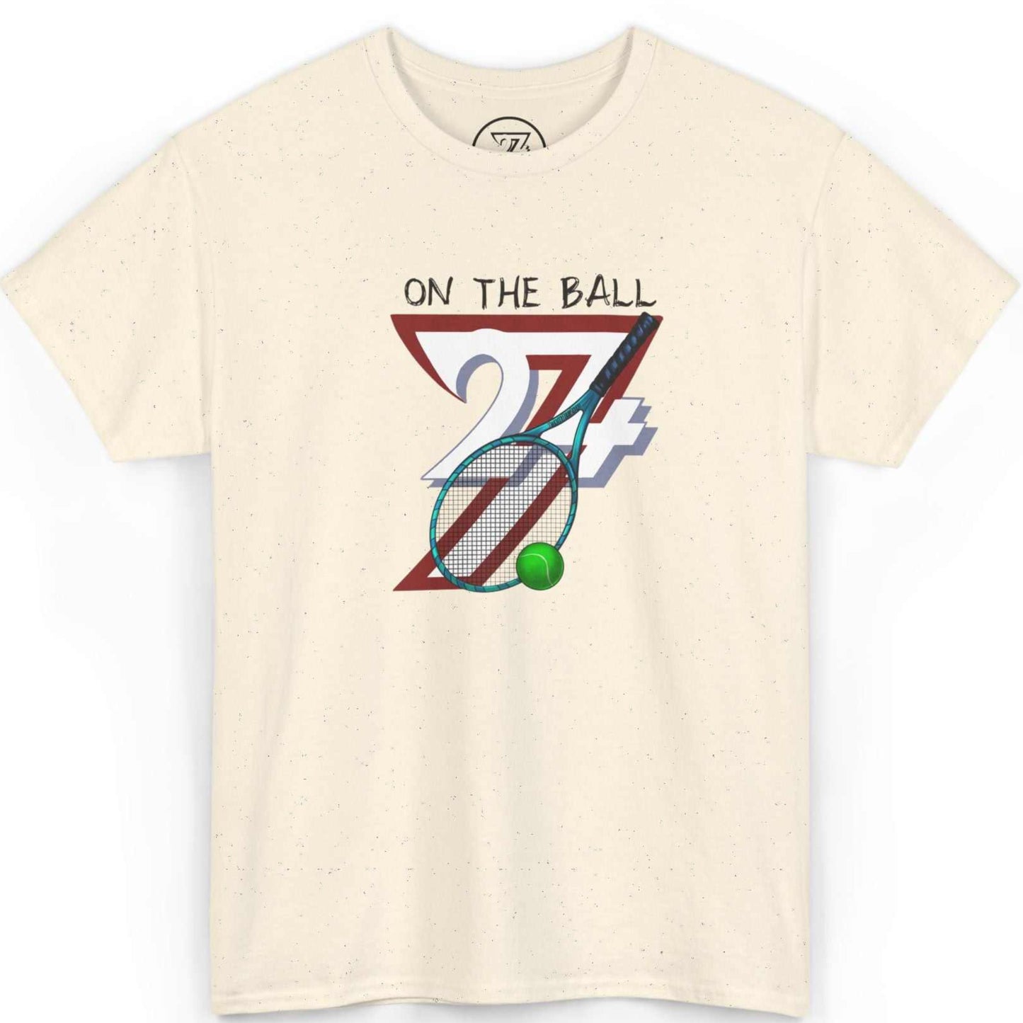 Front view of a natural off-white 90s sports t-shirt highlighting the classic On The Ball tennis graphic, displayed flat on a clean background.