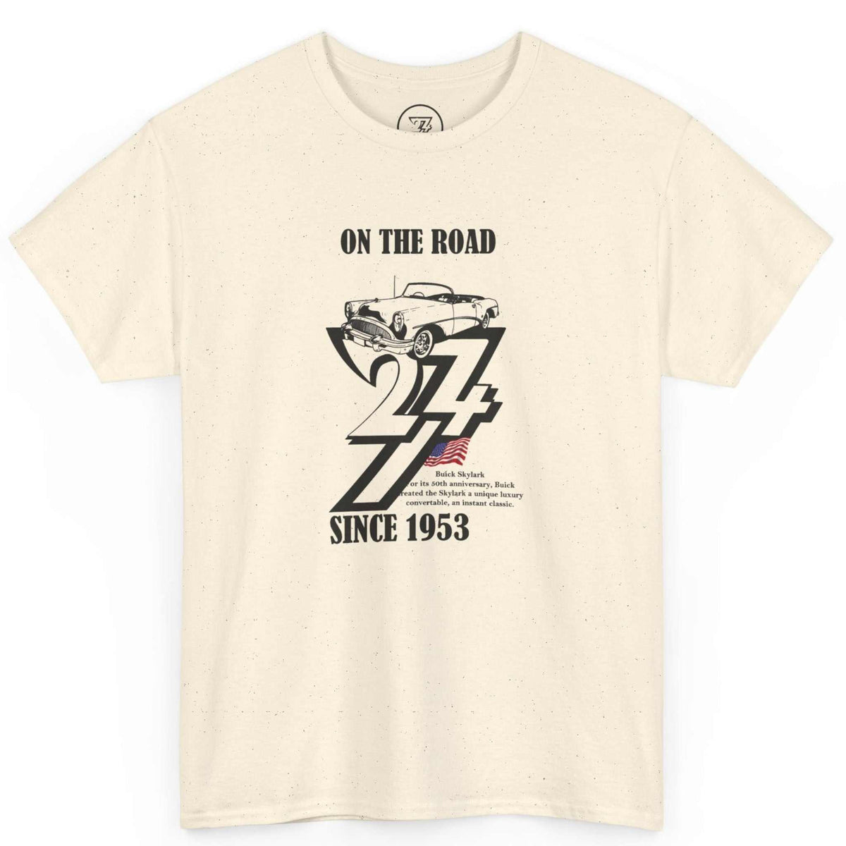 Front view of a natural beige 1953 birthday gift for men tee featuring the black Buick Skylark graphic and American flag accent, displayed on a clean background.