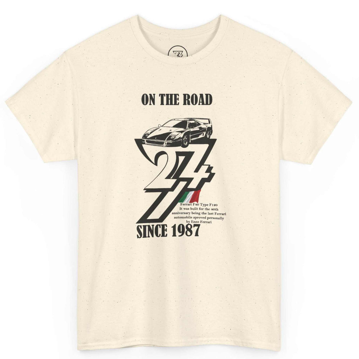 Front view of a natural beige 1987 birth year auto enthusiast tee highlighting the bold graphic design.