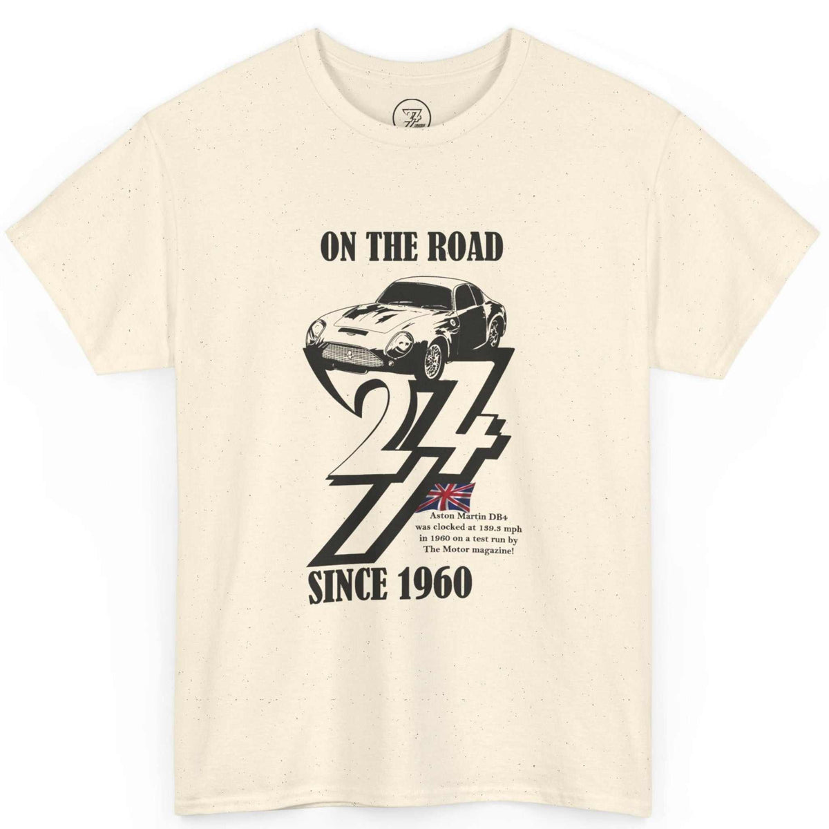Front view of a natural beige born in 1960 t-shirt featuring the black digital Aston Martin illustration, laid flat.