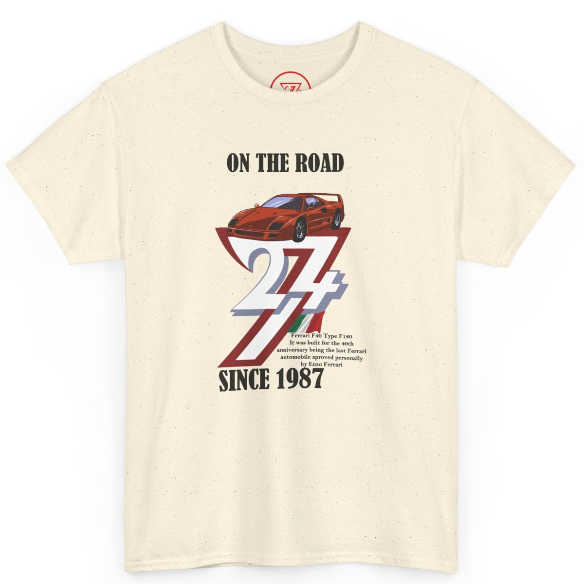 Front view of a natural beige born in 1987 t-shirt showcasing the detailed vintage racing car graphic, displayed on a clean background.