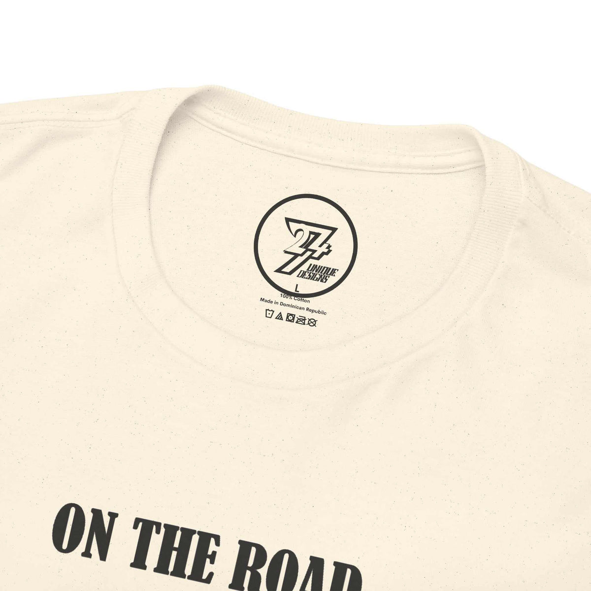 Close-up of the ribbed knit collar on the natural beige vintage Buick Skylark shirt, clearly showing the 24/7 Unique Designs trademark inner label.