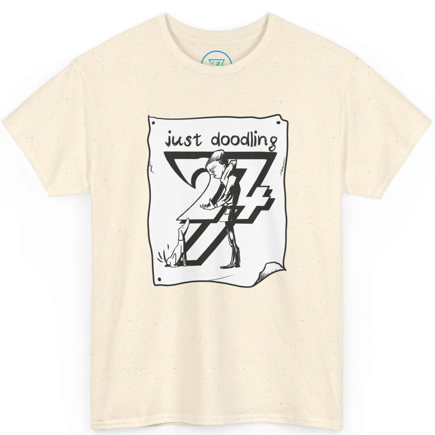 Off-white natural dog walking t-shirt featuring the original hand-drawn comic sketch, shown on a clean background.