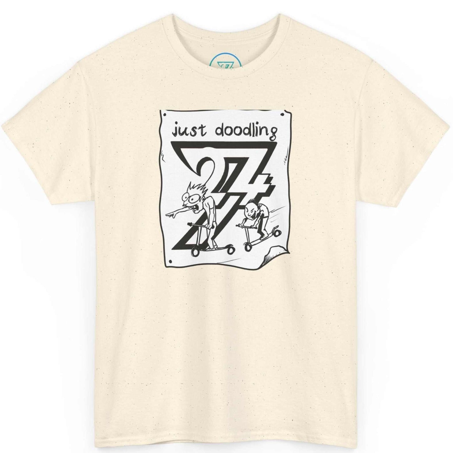 Off-white natural doodle art graphic tee featuring the original hand-drawn comic sketch, shown on a clean background.