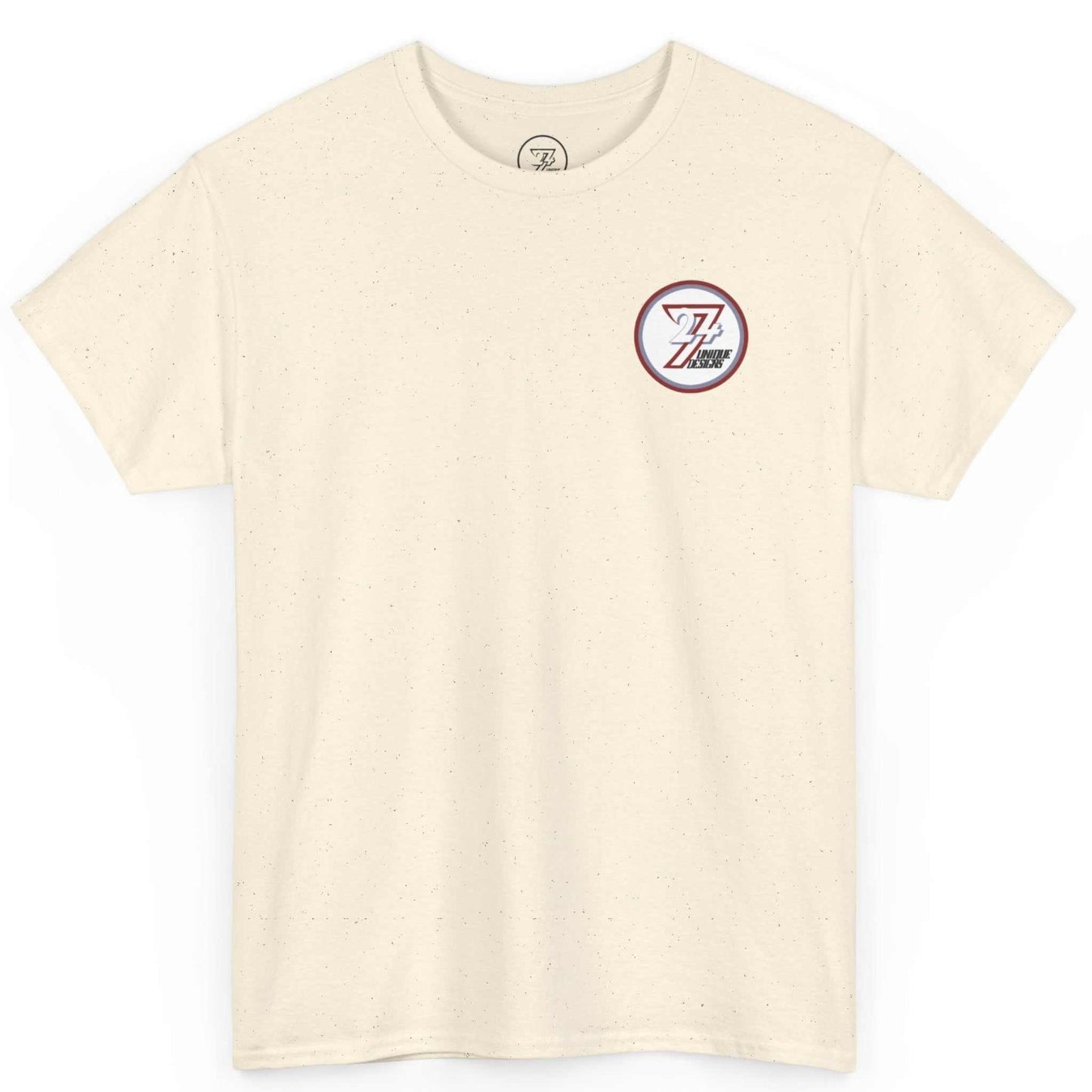 Front view of a natural off-white original character clothing tee showing the subtle chest logo print.