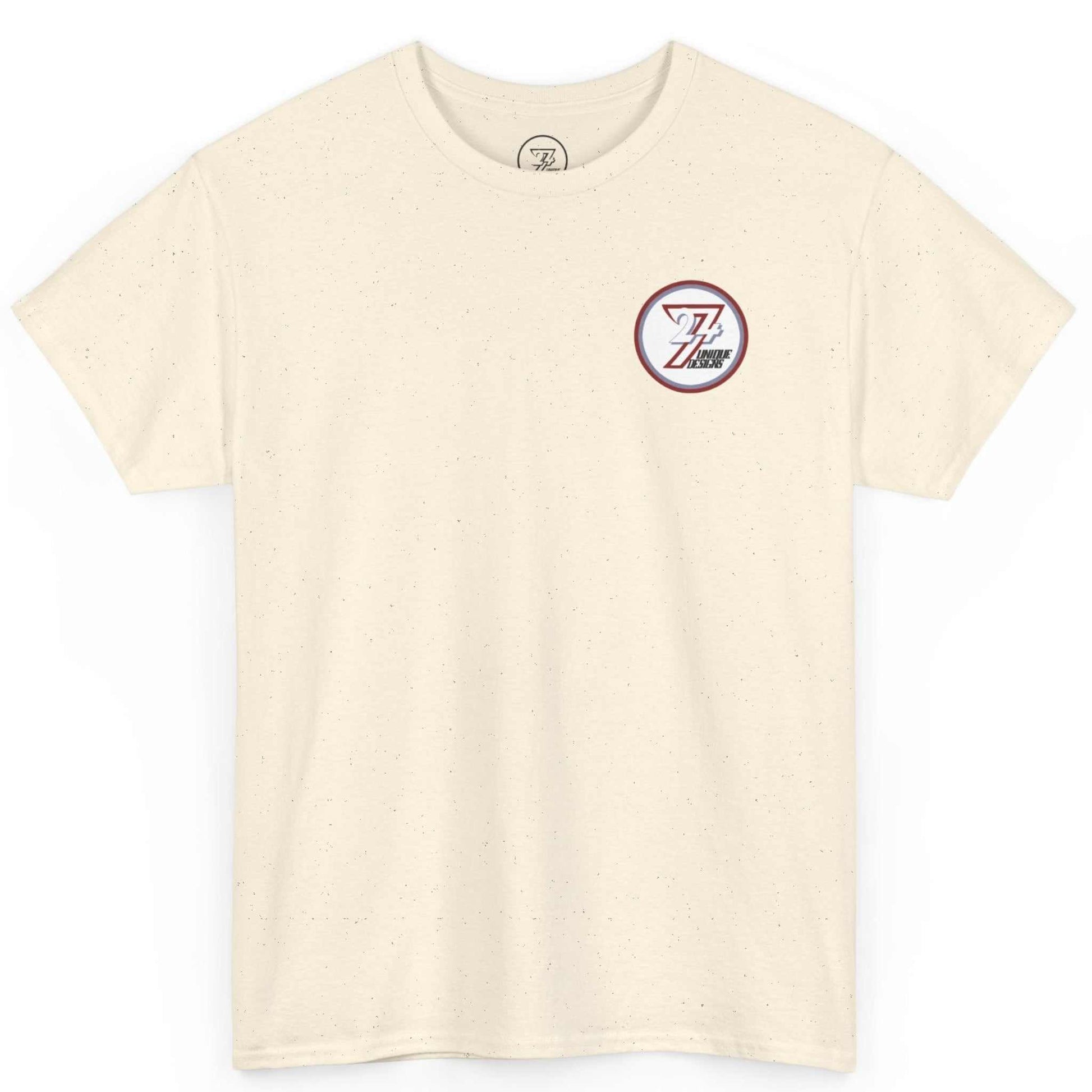 Front view of a natural off-white original character clothing tee showing the subtle chest logo print.