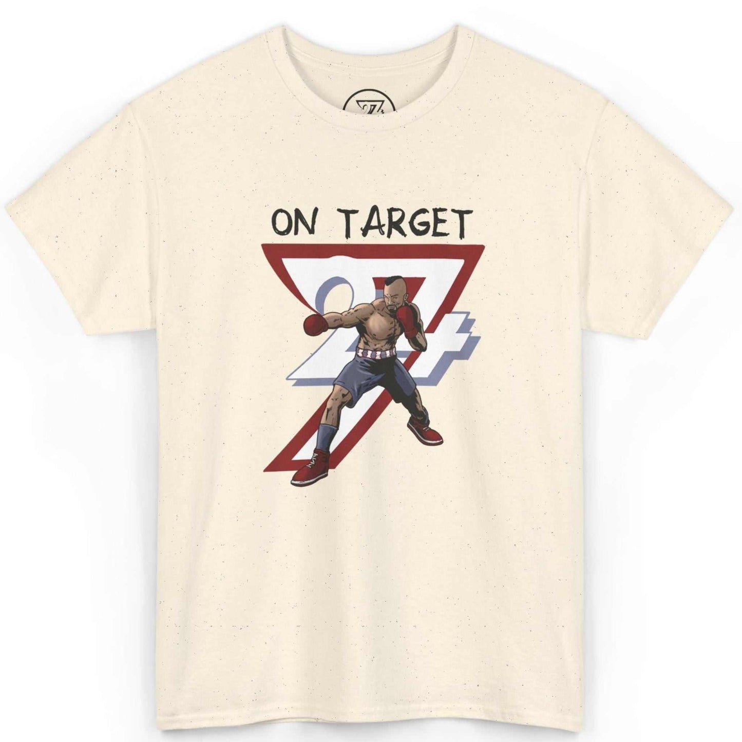 Front view of a natural off-white sports event apparel tee highlighting the vintage boxing design, displayed on a clean background.