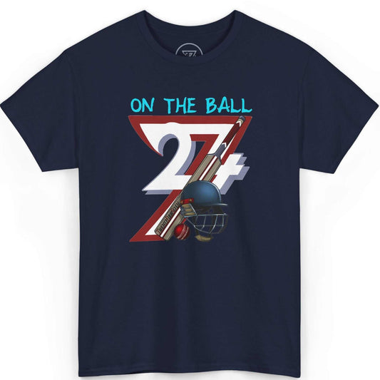 Front view of a deep navy blue 90s cricket shirt featuring the classic bat and helmet graphic, laid flat on a clean background.